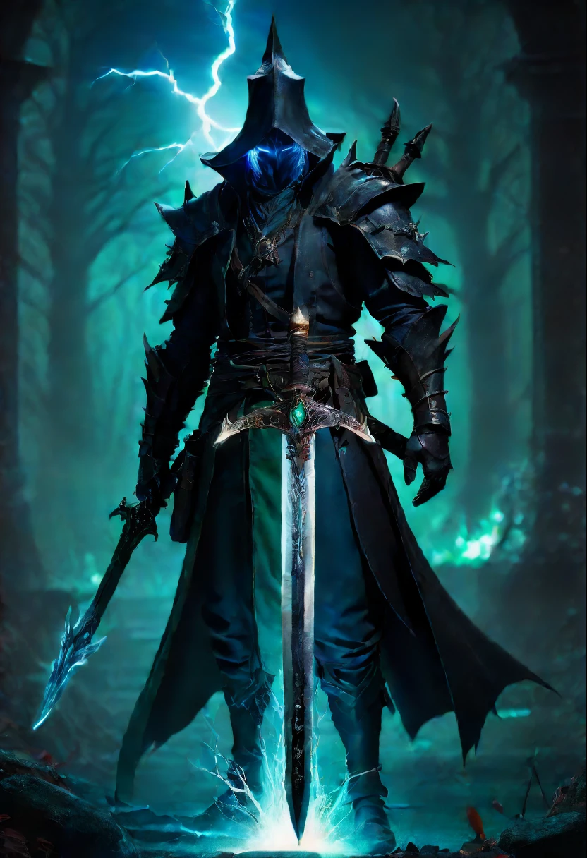 Magic Sword,legendary magic sword,Glory Magic Sword,Magic Sword,heavy metal style,metal art,Full metallic luster,Metal texture in the post-industrial era,Alloy wire crafts,crystal,Emerald inlay,Carefully crafted,Perfect craftsmanship,Magic lightning background,blue lightning,There are fairies,dark fantasy style art,dark fantasy concept art, bloodborne concept art, dark concept art, Diablo digital concept art, dark fantasy art style, bloodborne art, photorealistic dark concept art,dark fantasy style art, onmyoji detailed art,Ominous fantasy illustration,(Best quality,4K,8K,A high resolution,tmasterpiece:1.2),ultra - detailed,(actual,realistically,realistically:1.37),The landscape,sci-fy,photography,Concept artist, HighDynamicRange,hyper HD,Studio lighting,Ultra-fine painting,Focus sharp,physically-based renderingt,Extremely detailed description,professional,vivd colour,bokeh.