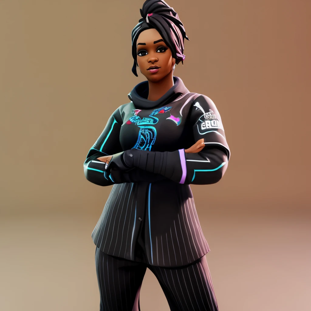 make me a female 3D fortnite skin with brown skin and black hair wearing pajamas