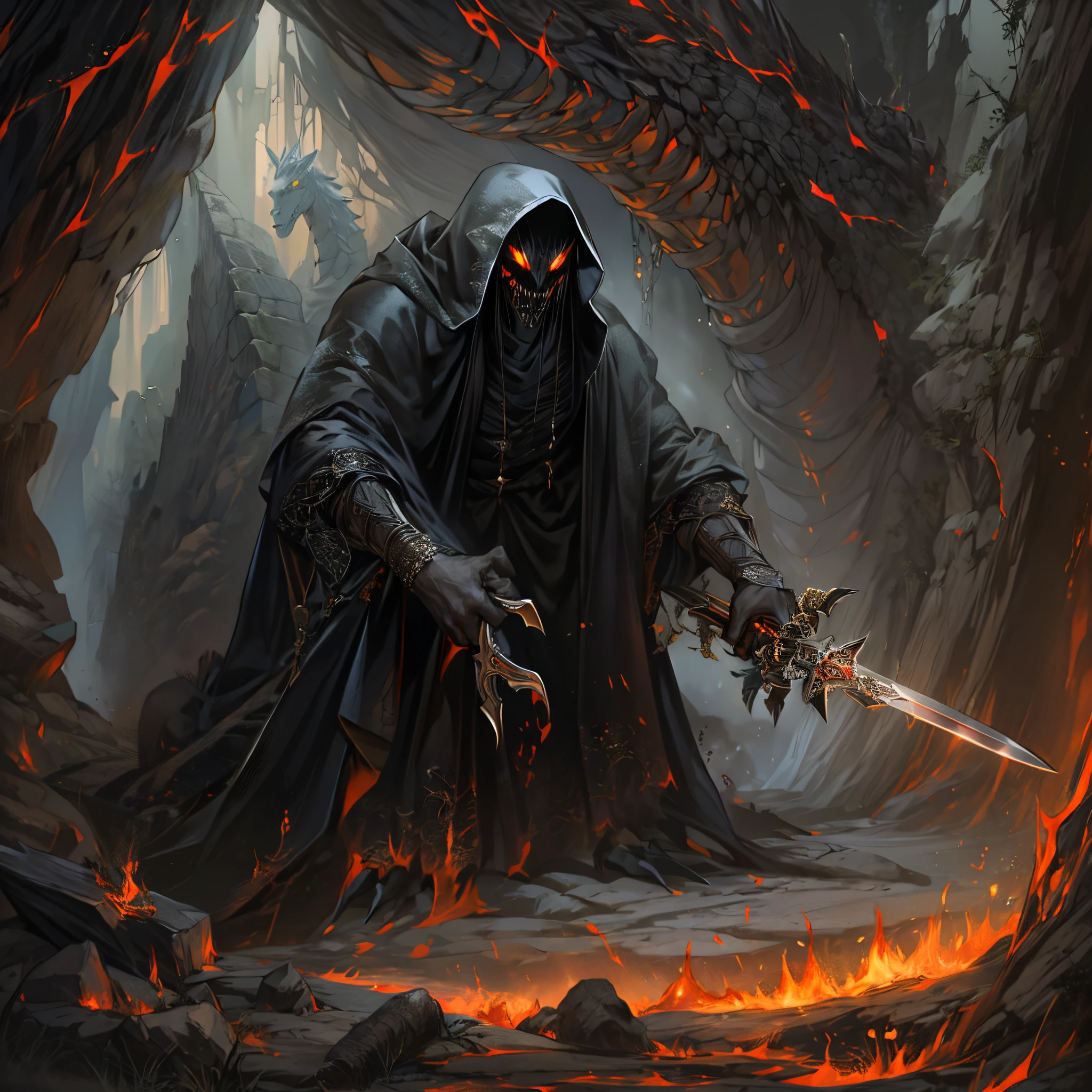 ultra detallado, beautiful and aesthetic, Beautiful, obra maestra , misterio , atmospheric , genial , sobrenatural , La mejor calidad , cueva , 1 hombre , 1 demonic monster , monstruo muy grande , Hombre matando monstruo , The man has a long black hooded robe , He can use magic , El monstruo tiene un cuerno muy grande , Monstruo respira hacer fuego ,  El hombre tiene una gran espada brillante , fantasy sword , 4 Little monster around the big monster , Magma alrededor del campo de batalla , The battlefield is in Cavern , Toda la cuevaa en llamas , La espada del hombre brilla , Acantilado de mayo y roca en Caverna , Caverna en llamas , (Caverna ultra detallada) , (Magma ultra detallado) , (Cara de hombre ultra detallada) , (Espada ultra detallada) , (Monstruo ultra detallado)