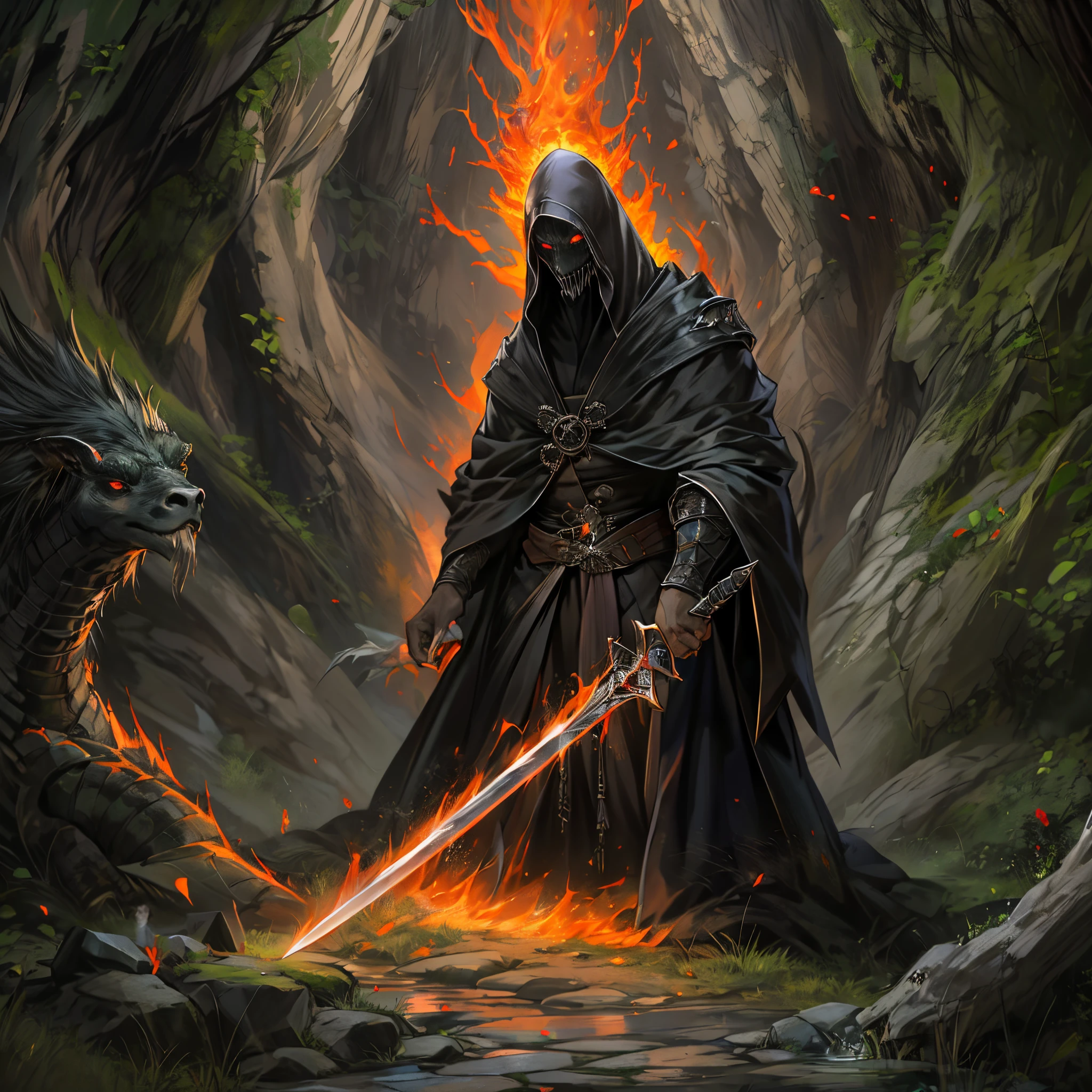 ultra detallado, beautiful and aesthetic, Beautiful, obra maestra , misterio , atmospheric , genial , sobrenatural , La mejor calidad , cueva , 1 hombre , 1 demonic monster , monstruo muy grande , Hombre matando monstruo , The man has a long black hooded robe , He can use magic , El monstruo tiene un cuerno muy grande , Monstruo respira hacer fuego ,  El hombre tiene una gran espada brillante , fantasy sword , 4 Little monster around the big monster , Magma alrededor del campo de batalla , The battlefield is in Cavern , Toda la cuevaa en llamas , La espada del hombre brilla , Acantilado de mayo y roca en Caverna , Caverna en llamas , (Caverna ultra detallada) , (Magma ultra detallado) , (Cara de hombre ultra detallada) , (Espada ultra detallada) , (Monstruo ultra detallado)