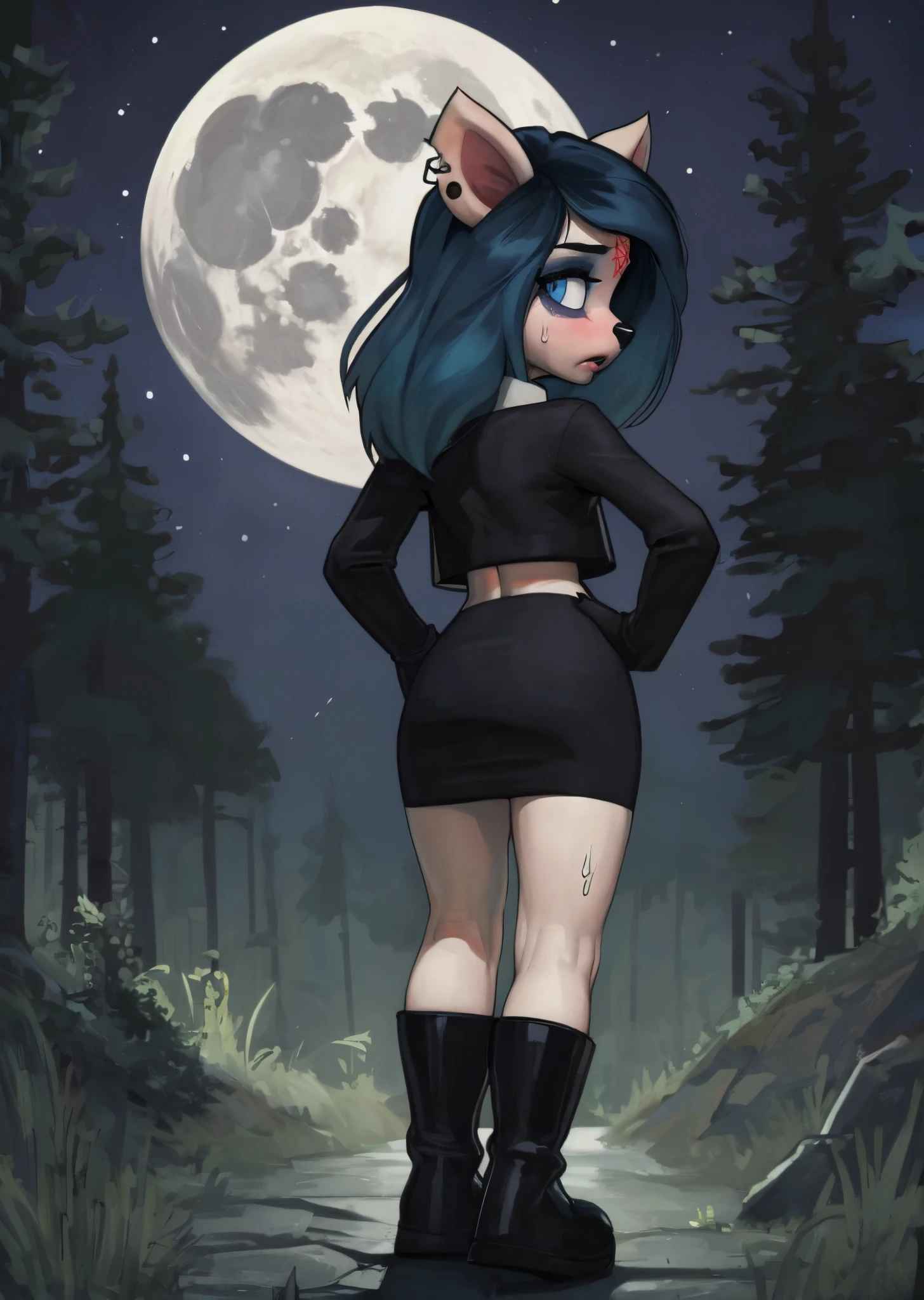 [Claire (the summoning)], [Uploaded to e621.net; (Pixelsketcher), (wamudraws)], ((masterpiece)), ((1girls)), ((solo portrait)), ((full body)), ((furry; anthro)), ((detailed fur)), ((raytracing)), ((detailed shading)), ((beautiful 3D art)), {anthro; (white fur, black nose), pink pentagram on forehead, long blue hair, dark blue slit eyes, frown, (short sleeve black tee shirt, denim shorts, black sun hat on head)), (goth boots; dark blue laces), (fishnet thigh highs)}, ((walking on sidewalk; holding bag, attractive)), [background; (park; (sunny, clouds, bright sun]