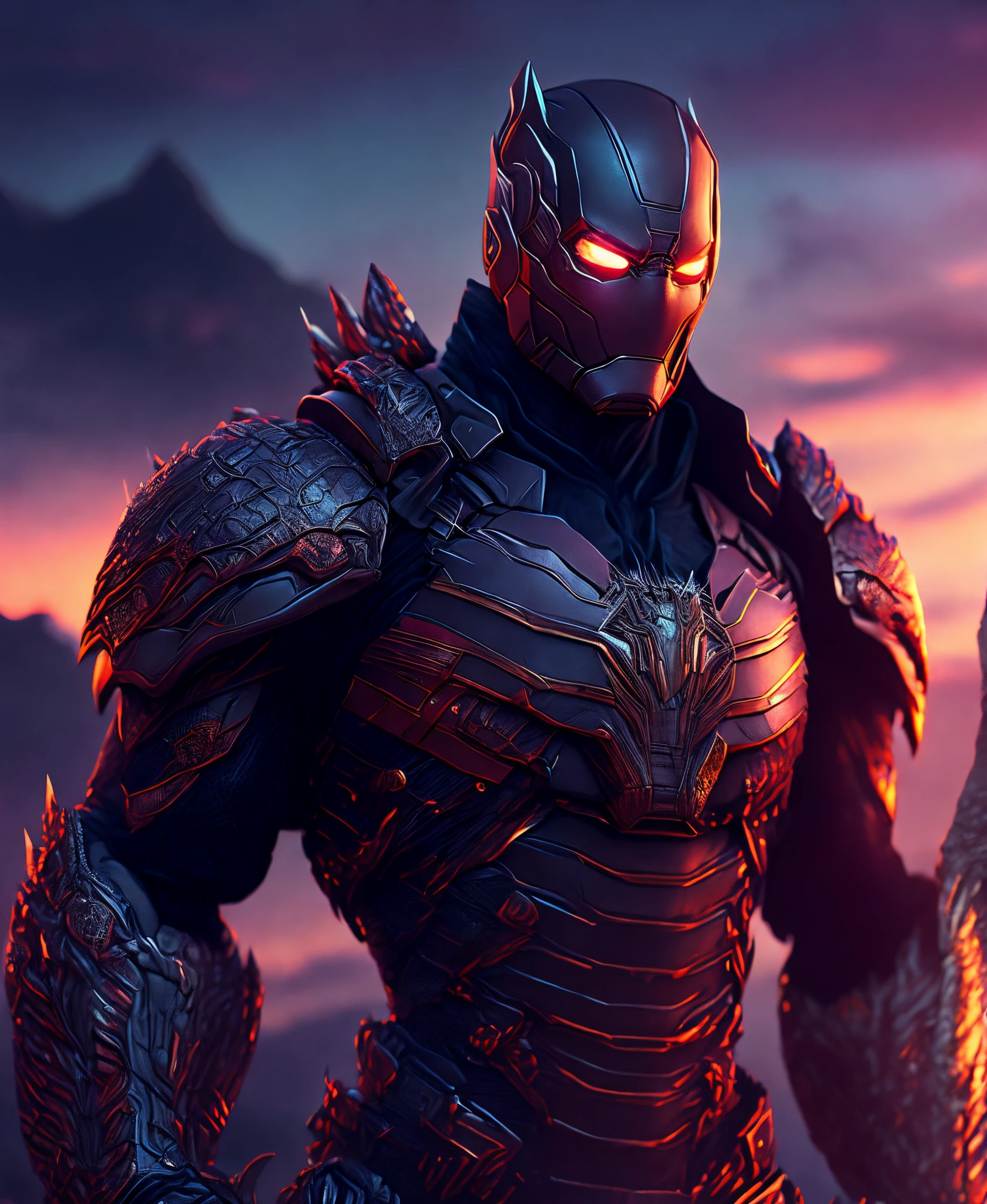 (extremely detailed 8k wallpaper), Close-up ( rock-man From Marvel dressed in Goth style: 1.3) emerging from beautiful nature, nature colours, sunset colours, extremely detailed, volumetric lighting