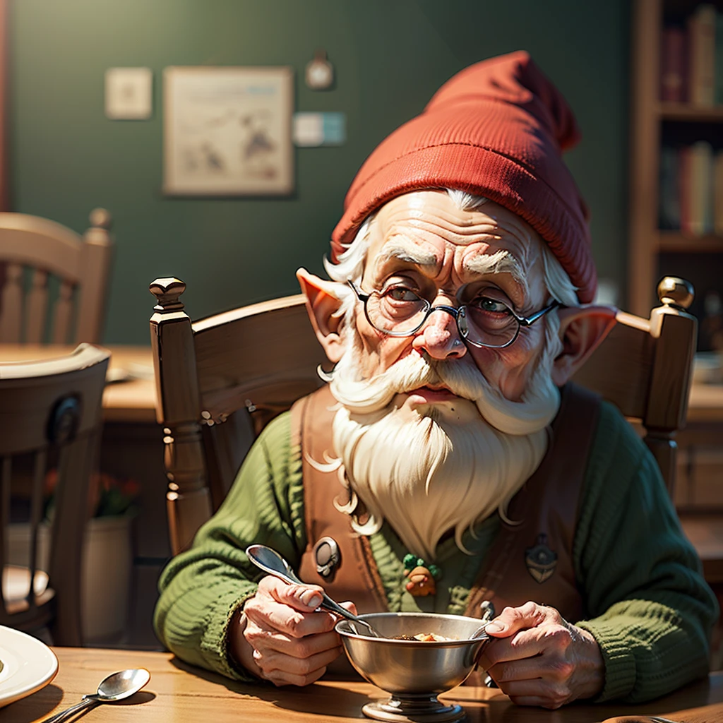 An old gnome are sitting at a holiday table with a large spoon in his hand, Ghibli art style mixed with Pixar, blurred background, light haze. Moire. --auto --s2