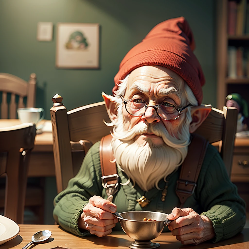 An old gnome are sitting at a holiday table with a large spoon in his hand, Ghibli art style mixed with Pixar, blurred background, light haze. Moire. --auto --s2