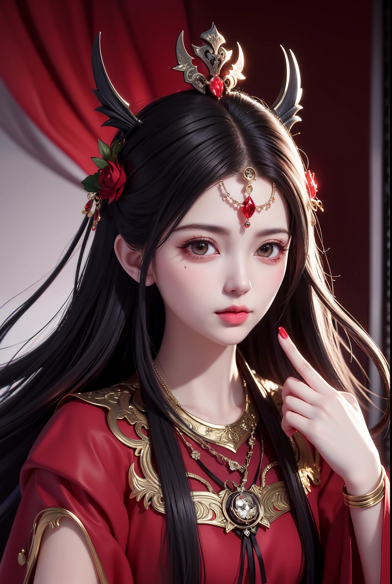 A painting of a red-robed woman standing in front of a demon, goddess of death, author:Hero, beautiful male god of death, beautiful elegant demon queen, dark fantasy style art, portrait of death, onmyoji detailed art, Persephone as the goddess of death, beautiful necromancer, Ominous fantasy illustration