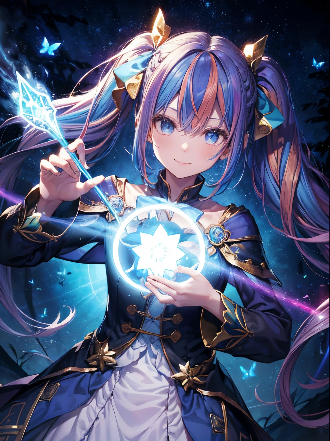 magician human(Wrapped in a ring of blue light),Many rings of light are floating(1.8)、There are many circles with bright blue magic patterns....., a closeup, in the dim room, Magician's Room, brightened light, Flashing light,Close-up of a person holding a ring with a glowing magic pattern in the forest, Magician contemplating a circle of magical patterns, an arcane wizard casting a spell, spell casting wizard, With a shining orb, Wizard Casting Spells, Cast protective spells, sorcerer magic witch, Cast powerful spells, Spell casting, Curse magic, Grab circle with magical glowing pattern。., Magical、1 girl,Naughty smile, (rainbow hair:1.4),((Long twintails,Ribbon 1.4)),Blue Butterfly Hair Ornament 1.3、Circles with futuristic magic patterns on night background with bright lights and bright moonlight、(masutepiece:1.3), (8K, realistic magic square(1.8),(8K, Photorealsitic, Raw photo, Best Quality: 1.4), Beautiful face, (Realistic face), Beautiful detailed eyes, (Realistic skin), Attractive, Intricate details,Golden ratio,,Dynamic Pose,Dynamic Angle,Intricate details, Hyper realistic、only face、A smile、Smiling、Face enhancement