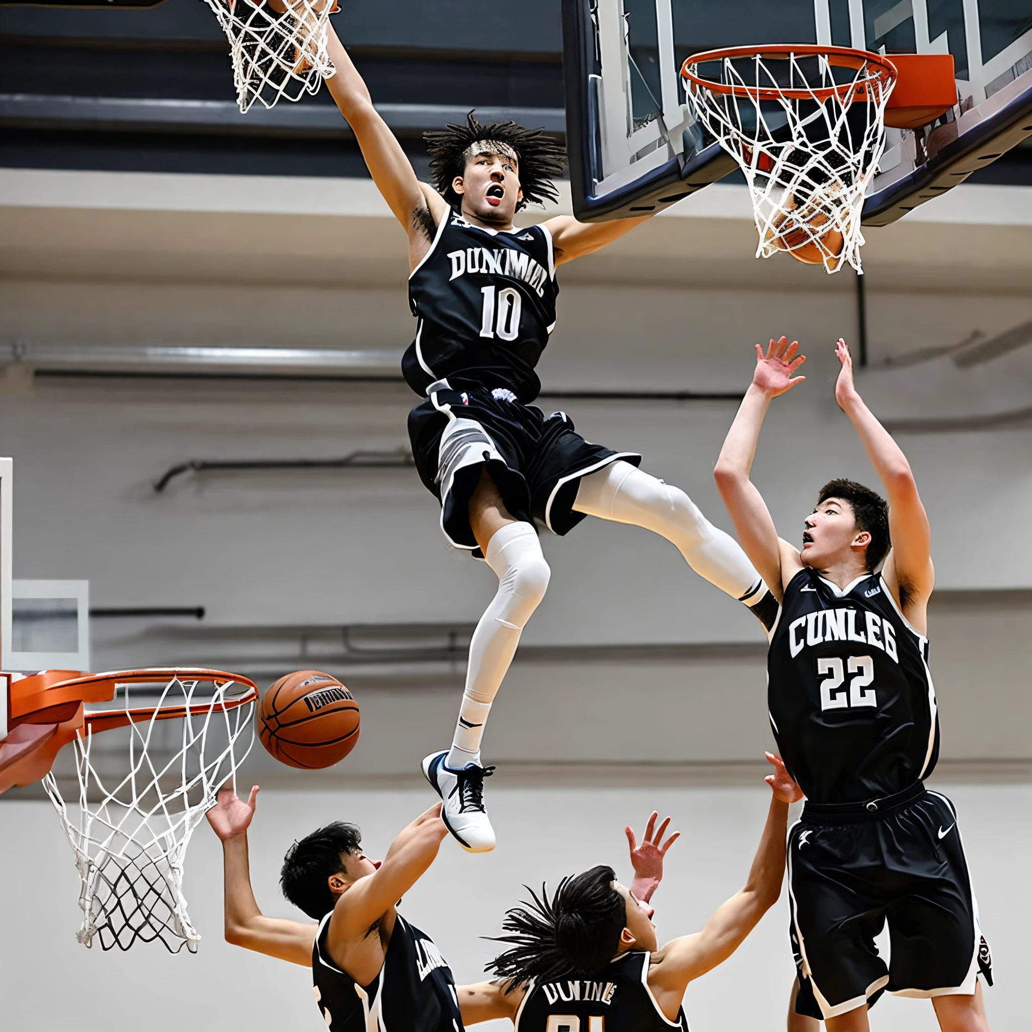 Carmel High School teen boy with black pouty hair dunking basketball