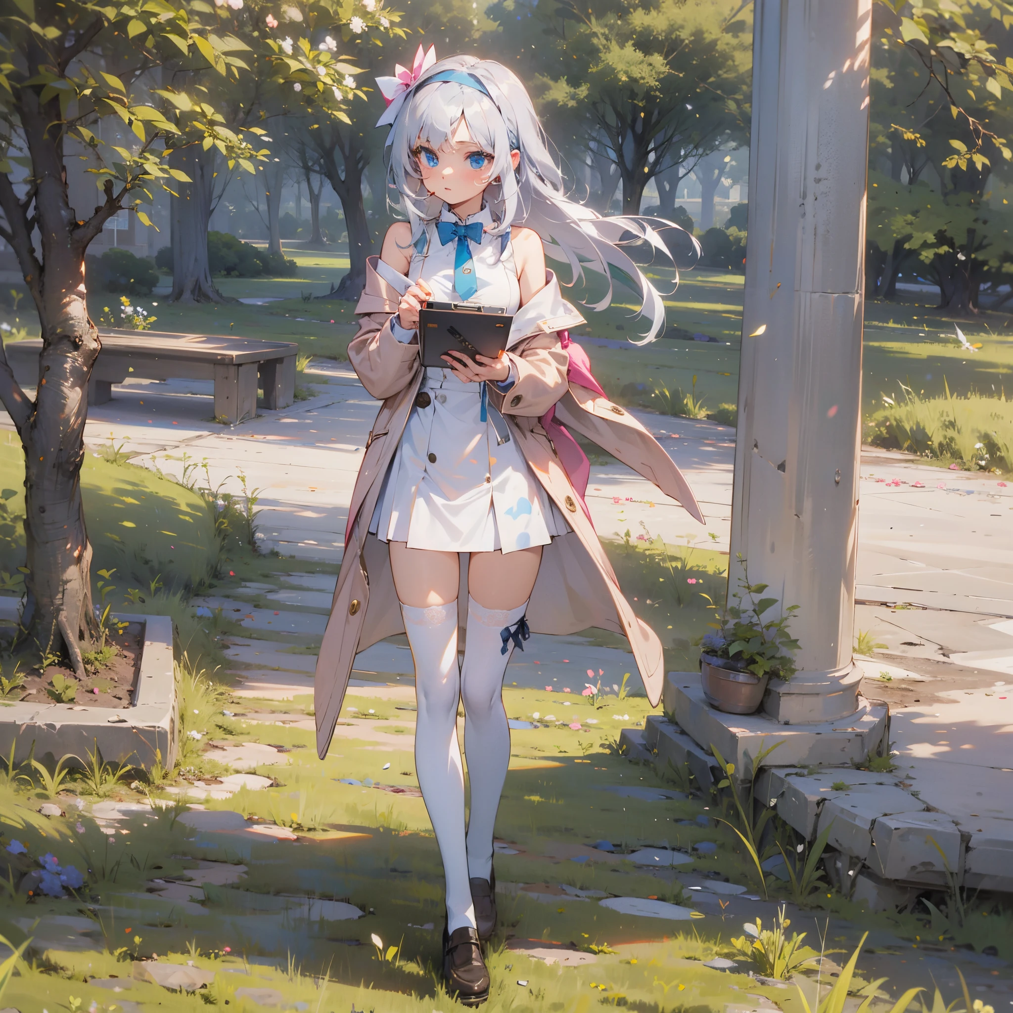 (best quality,highres,masterpiece:1.2), ultra-detailed, (anime:1.2), a girl, silver hair, blue eyes, headband, bow, M-shaped bangs, sideburns, medium-length hair, contemplating, sleeveless dress, pastel pink coat, coat partially unbuttoned, white_thigh_stockings, tie, headband, bow tie,, flat leather shoes, strolling in the park