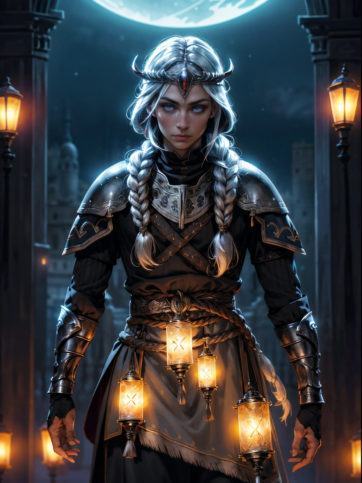 parte superior del cuerpo de un guerrero vikingo con armadura de pieles ornamentada, cuello negro, pauldrons, peto, aura brillante, single braid, rubia, ojos rojos brillantes, pupilas brillantes, enfoque de ojos, capa roja, templo en el interior, vidrieras, noche, luz de luna, particuls, haz de luz, chromatic abberation