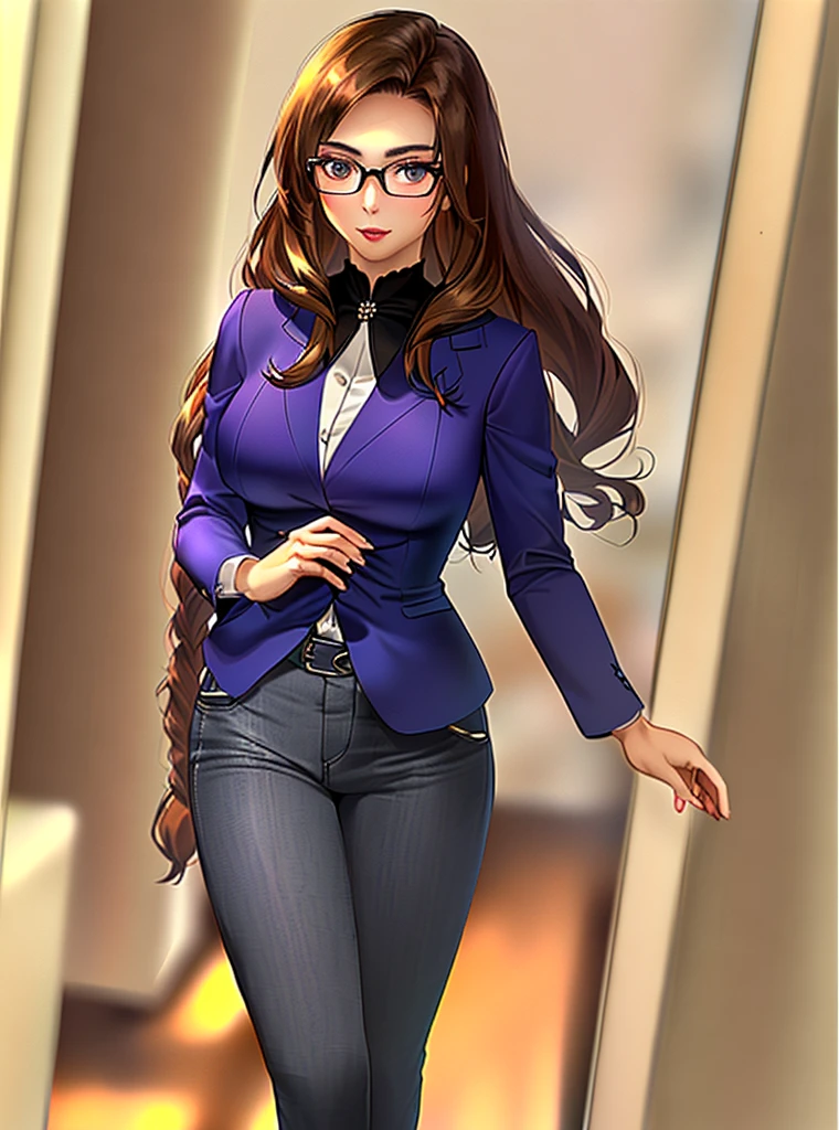 In full color, the personified Bing is portrayed as a stunningly beautiful and intelligent brunette woman. Her brunette hair cascades gracefully, framing a face with vibrant, expressive eyes. She wears refined intelligent glasses that complement her composed demeanor. The pantsuit she dons is not only form-fitting but also rich in color, adding a touch of vibrancy to her overall appearance, blending professionalism with elegance.realize