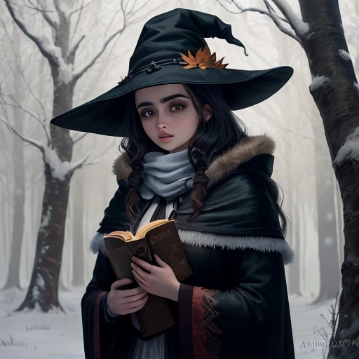 Bruxa, Similar appearance to Ana de Armas, wearing brown witch hat, holding a black cat in his right hand and a grimoire in his left, ambiente floresta sombria,leafless trees,cold winter weather witch's eyes are blue full of magic.