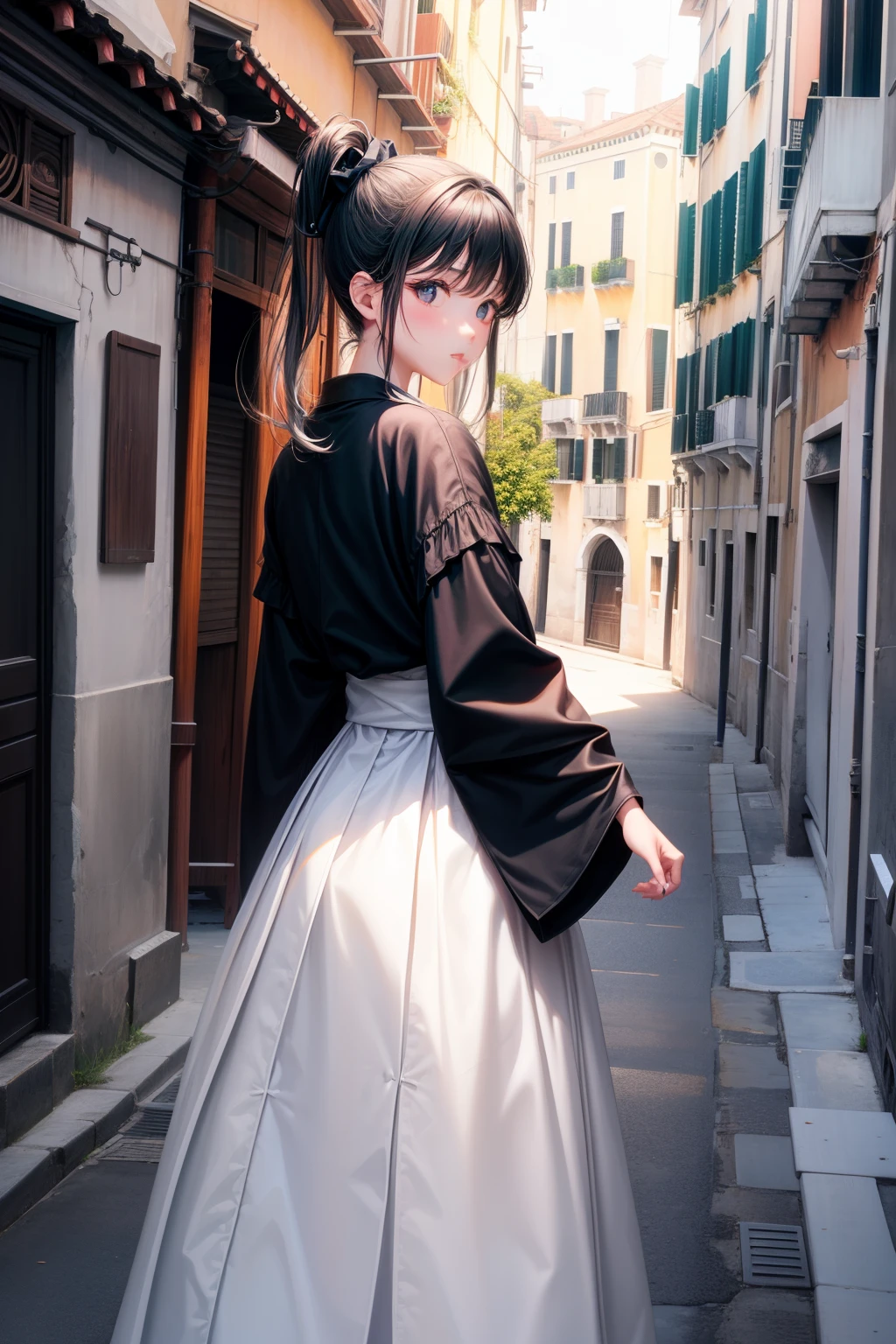 1girl in, top-quality、lighting like a movie、Black ponytail、robe blanche、long  skirt、Venice back alley、