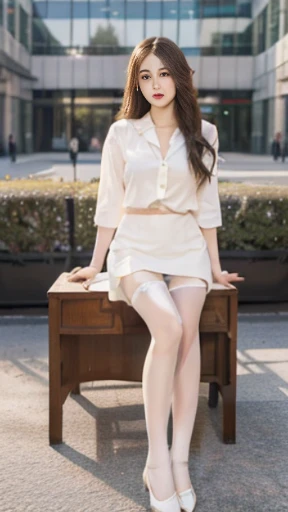 best qualtiy, Full body like，Refined face，A pair of smart eyes，pretty  face，25 years old woman，slimfigure，Larger bust，office lady uniform，Office wear，white stockings，Outdoor scene，Sit Pose，yellow long hair