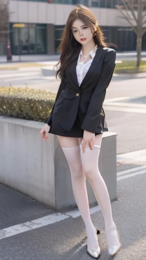 best qualtiy, Full body like,Refined face,A pair of smart eyes,pretty face,25 years old woman,slimfigure,Larger bust,office lady uniform,Office wear,white stockings,Outdoor scene,Sit Pose,yellow long hair