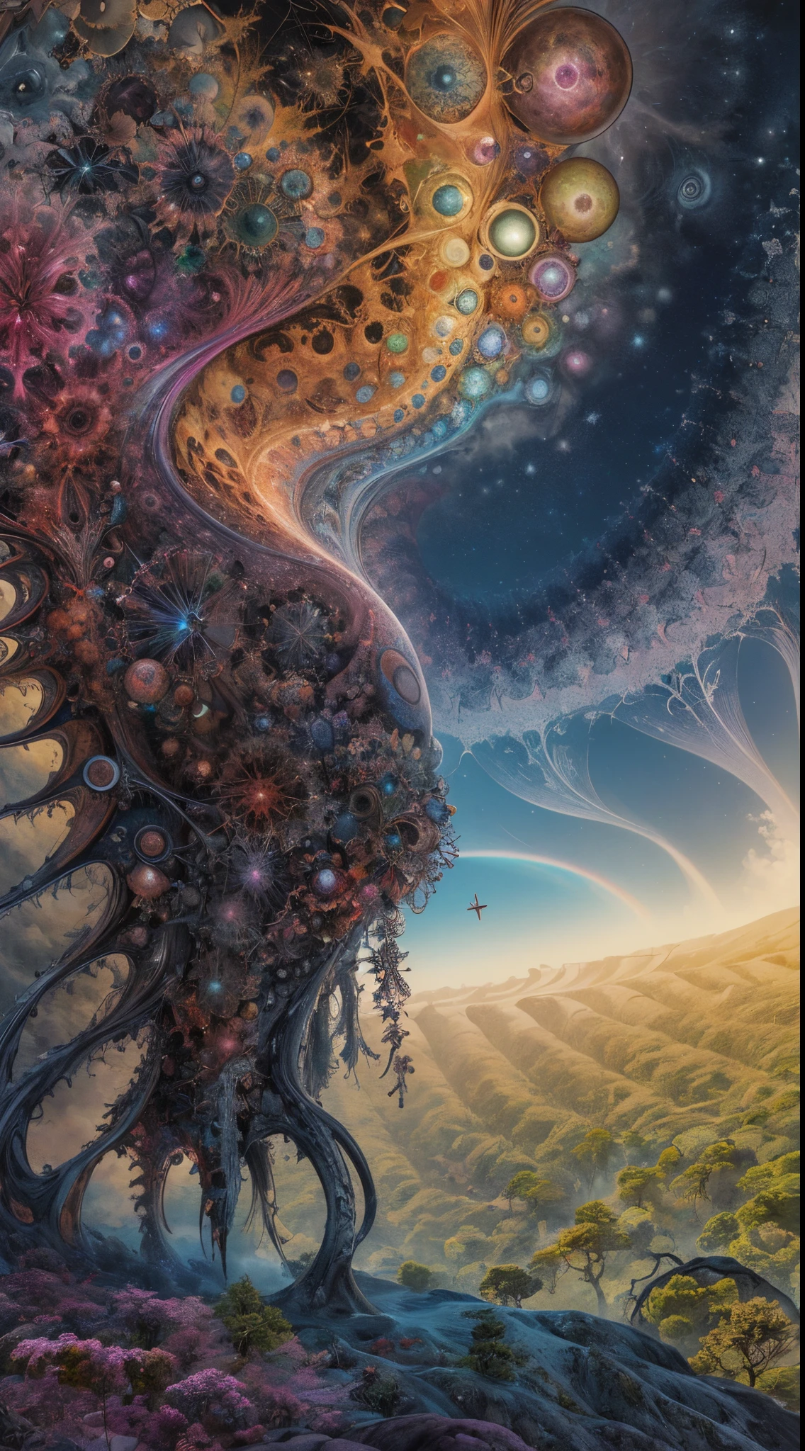 Monstruo gigante mirando hacia abjao en un paisaje de otro mundo,Gigante echo de fractales, Fractal infinito,fractal de Mandelbrot, divino, Figura imponente humanoide, masivo,escala masiba, mirando hacia abajo, de pie, inmenso, apocalyptic, colorido, iridiscente, obra maestra, 4k-resolution, detalles intrincados, dios,divino,ente superios echo de fractales,figuara imposible,geometria unica,
