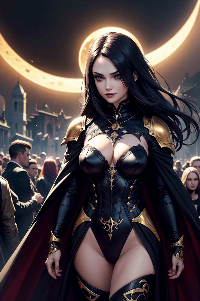 Uma personagem feminina usando capa com cabelos dourado curto, In the midst of the crowd,eclipse,goth clothing, detalhadas, 8k, magnificent art, dramatic scene, Eclipse at the apex of the image, maga. Gothic armor with gold and black details, vampira, fluttering cover.