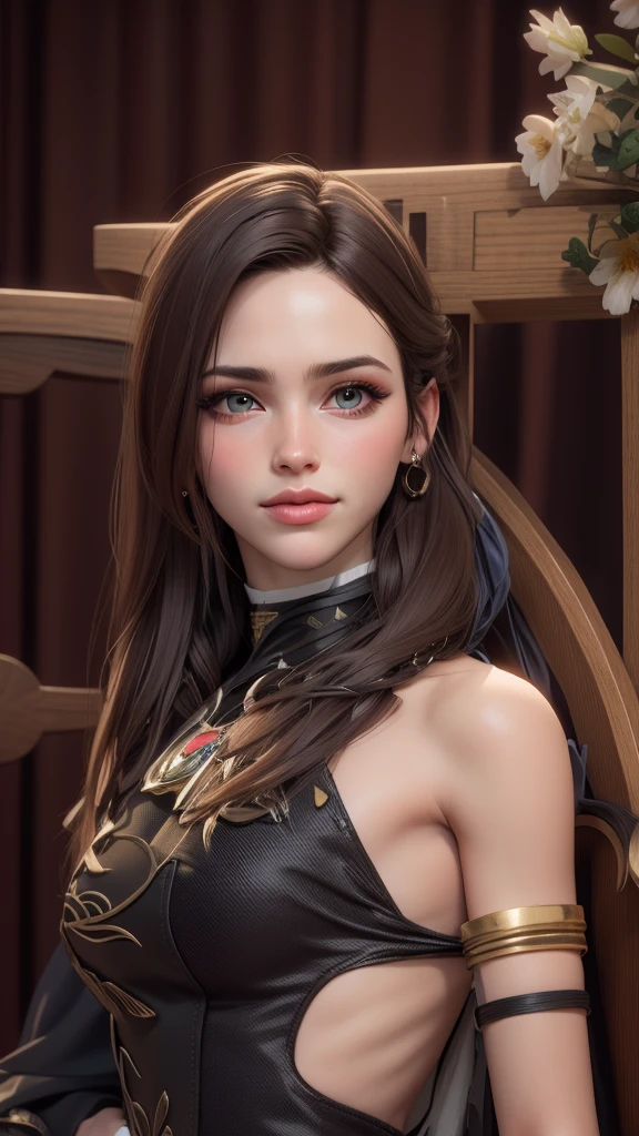 obra-prima, melhor qualidade, trabalho de rending 3d, estilo 3DMM, close-up, retrato, 3D, 1girl, solo, cabelo castanho, colar de corda, olhando para o lado, realista, parte superior do corpo, fundo simples, franja, olhando para longe, cabelo preto longo, separated-lips, maquiagem, cabelo encaracolado castanho longo, olhos marrom, vestido rosa, decote, aerith gainsborough, aerith