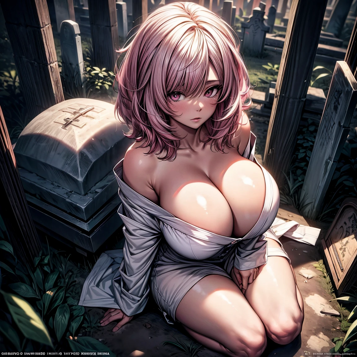 Masterpiece, 1girl,solo,huge breasts, ghost costume , (hitodama) ,night, tombstone, graveyard, long sleeves, very long sleeves, , ghost, pale skin,, off shoulder, cleavage, no bra, (((extremely long white hair))), lying on ground by tombstone, bare legs, shredded tattered clothes, curvy wide hips, massive breasts, chubby thighs, (((beautiful bright pink anime eyes))), japanese graveyard, from above, full lips, beautiful mature face, MILF dark lighting