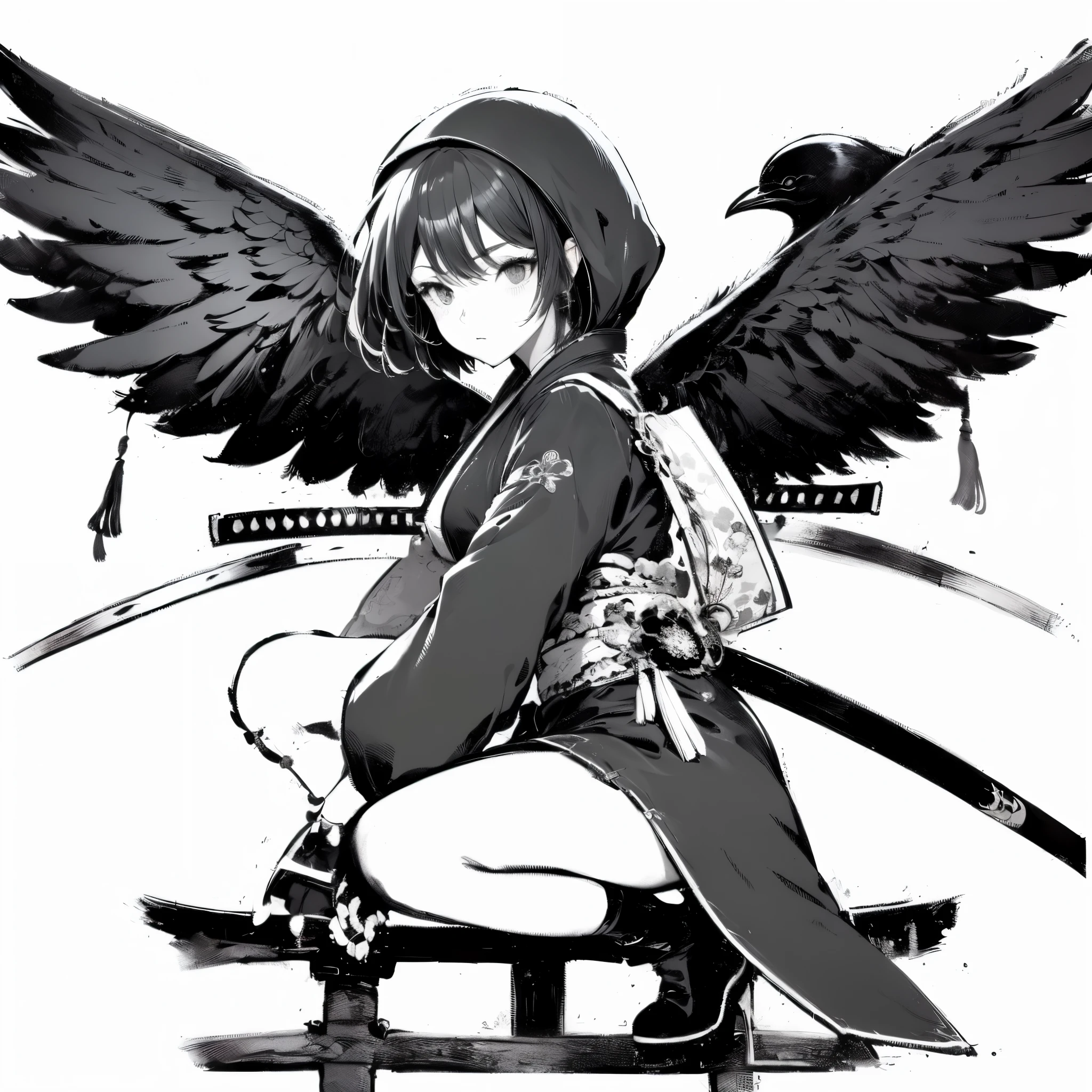 A girl with crow wings. She is a ninja girl. She has a high leg cut. A sword in both her hands. Beak-shaped hair ornament. short hair. Crouch on top of the torii.