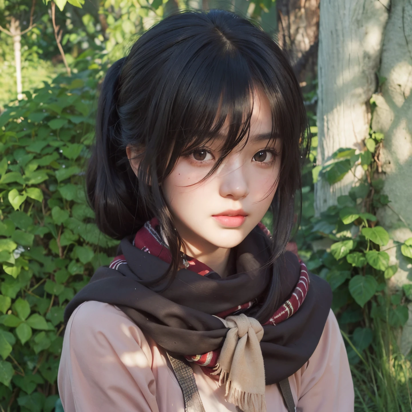 A realistic black haired girl, the same realistic hairstyle,Her hair is tied realistically, realistic pretty+cute face, realistic cool expression, adapt the same realistic clothes,realistic red scarf, realistic light, realistic shadow, realistic background, realistic big tree background, Good image quality, very good image results, 4k, ultra detailed, realistic