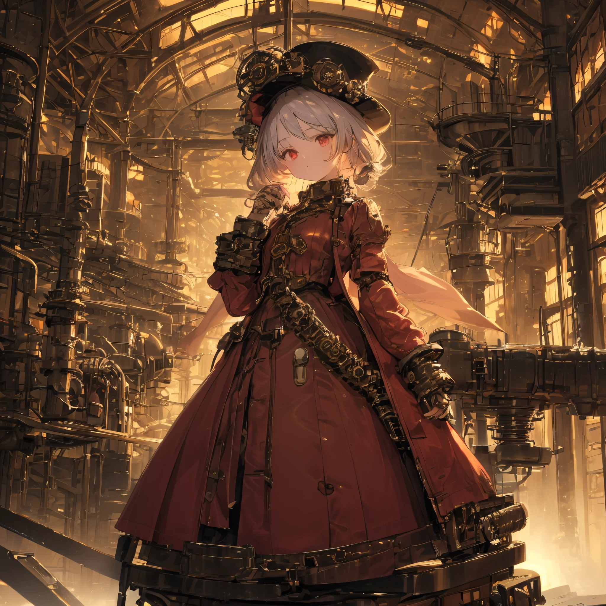 Masterpiece, top quality, depiction of artistic accuracy, precise depiction, smooth depiction, top quality anime style illustration, huge amount of detail, huge amount of accuracy, inverted triangle composition, beautiful anime-style Slender lady, Perfect torso, perfect proportions, 23 years old, traveling alone, oversized coat with steampunk-style traveling outfit, beautiful shimmering right red eyes, extremely precise fingers, countless gears, steampunk world view, overwhelming, countless pipes and steam overflowing from countless gears, huge structure, full body, metallic luster effects, water light effects, neon light effects, fluid effects, bubble effects, high and distant night sky, loneliness,