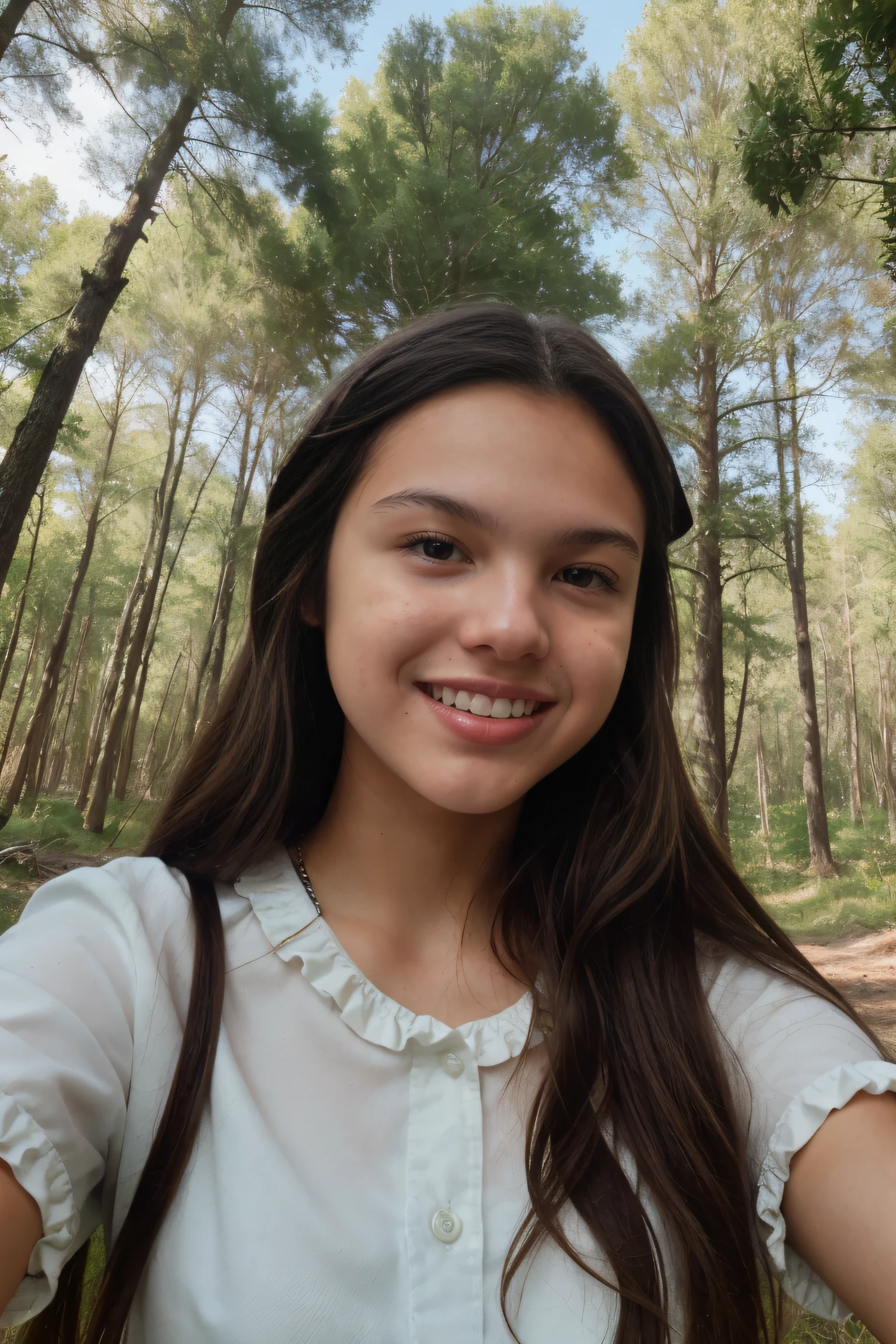 Polaroid style, snapshot, ((selfie)) of **** Olivia Rodrigo with (acne) and ruffled hair dressed in shirt inside summer European forest, smile:2.0 light and shadows, daylight, sunlight coming from front-right, noon, extremely detailed skin, skin acne, extremely detailed eyes and hair, film grain,