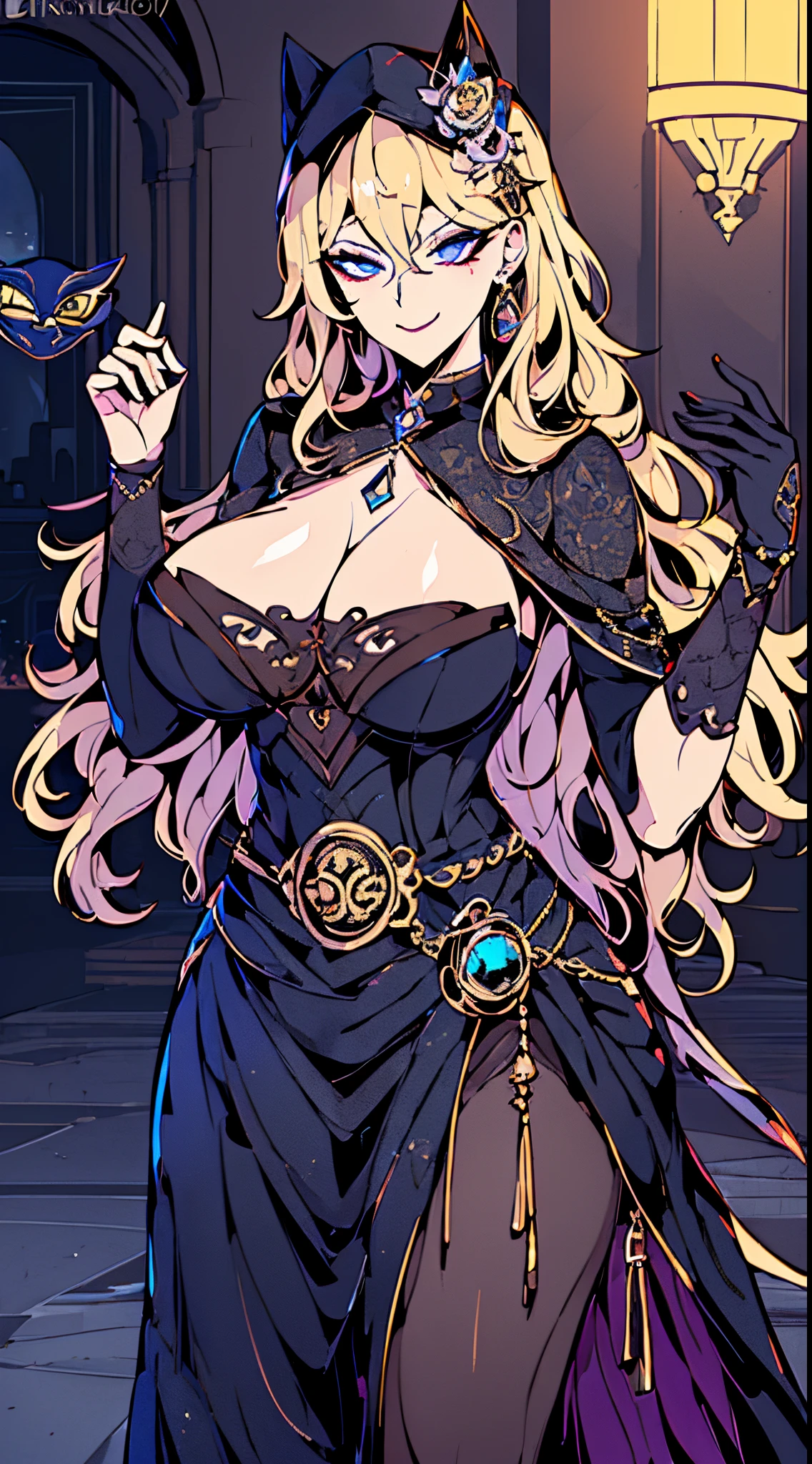 masterpiece, (bestquality), mature female, milf, mature, blonde hair, wavy hair with big curls, long hair, ample bosom, blindfolded, alluring, French woman, highlydetailed, ultra-detailed, mysterious, elegant, (masquerade mask), (thief), (black attire), (gloves), (top hat), (cane), (nighttime), (moonlight), (shadows), (stealthy), (sneaky), (mysterious smile), (sparkling eyes), (venetian mask), (intrigue), (heist), (hidden identity), (daring), (adventure), (cloak and dagger), (secretive), (chandelier), (ballroom), (dazzling), (elegant dance), (stolen treasures), (mysterious aura), (cat burglar), (cloak), (mysterious figure), (mysterious rendezvous), (whispered secrets), (enigmatic), (mysterious charm), (intricate patterns), (hidden agenda), (nighttime escapade), (mysterious allure), (elusive), (mysterious atmosphere), (cloak of darkness), (mysterious entrance), (mysterious disappearance), (mysterious rendezvous), (mysterious heist), (mysterious footsteps), (mysterious encounter), (mysterious disguise), (mysterious intentions), (mysterious allure), (mysterious allure), (mysterious allure),