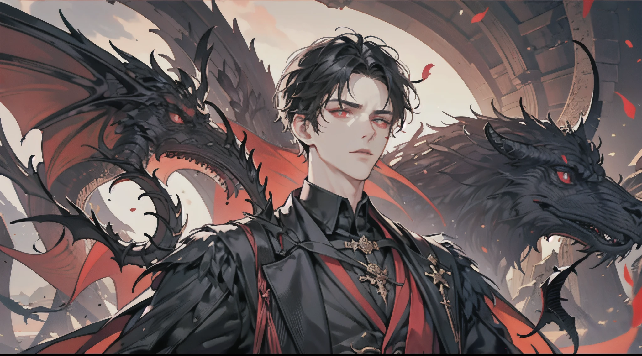 Masterpiece, Highest quality, Heavy snow, Cold Weather, realistic, 1 person, mature man, A quiet and charming young man, 30 years old, smile, gag, Portrait, Highly detailed face, 寒さとsmile, ((blue eyes)), ((black short hair)), [Thick eyebrows], dark palace, ((black long coat)), ((all black)), (blue eyes) ,Short Black Quiff Hair with Soft Fringe, handsome , muscle, Facial expressions, Black Knight Armor , black fur shawl(Masterpiece,best quality,special, (Broad shoulders)) (muscle), male focus, Hand holding a long sword,black two handed sword, His black sword rose high., Face gigantic and terrifying monsters.. Describe the man&#39;s appearance., Details of his sword, Characteristics and characteristics of monsters, and convey the tension and power of the encounter..",wearing black, black fur shawl(Masterpiece,best quality,special, (Broad shoulders)) (muscle)dark color, and the one who holds the spear in his right hand.