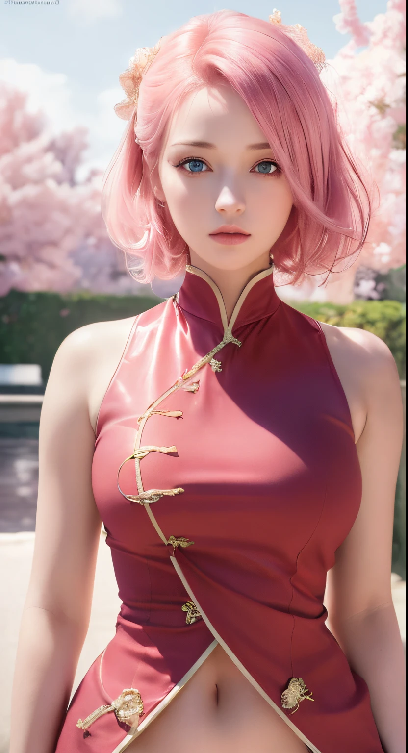 One girl, (8k, RAWphotograph, Highest quality, masterpiece:1.2), (Ultra-high resolution:1.0),detailed illustrinion, (Real person,fashion photography portrait,photograph), detailed, detailed beautiful skin, (Realistic, photo-Realistic:1.37), Sakura NS, 一人in, Professional Lighting, Pink dress with flowers), village, East Asian architecture, wood, village hidden in the leaves background,Looking_in_Audience, smile, Flowers on the forehead,red_hair band,Pink Hair,Green Eyes,mitain,Closed-toe footwear,Kunai,Facial blemishes,woodノ葉隠れのシンボル,Finding_stance,fence,Ninja,Adjust handbag,No sleeve,Cleavage
