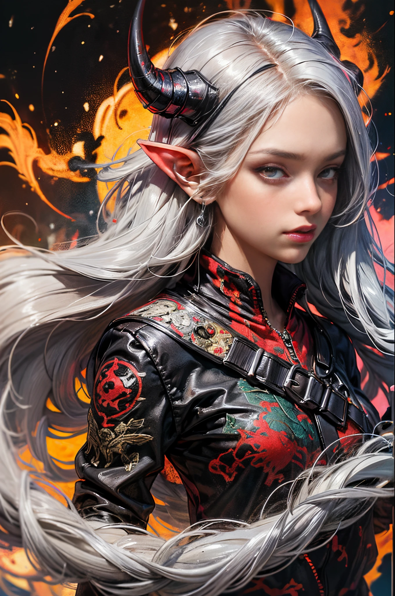 masterpiece, best quality, ultra-detailed, absurdres, colorful, 1girl, solo, (solid red eyes:1.0), (white hair, long hair, straight hair, hair over one eye:1.0), detailed eyes, wide-eyed, eyelashes, (upper body:0.8), monster girl, side view, glowing eyes, tilted head, night, black suit, pointy ears, horror, dark, black background, looking at viewer, crown, high contrast, backlighting, (standing:0.8), aura, fractal background, chaotic, spiral, demon horns, energy, mosaic, inferno