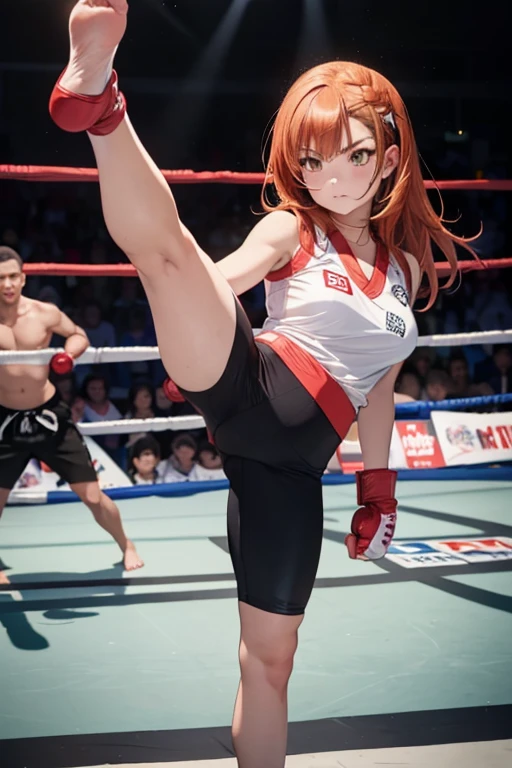 1girl, orange hair, natsukawa aika, angry stare, strong right leg high kick, karate kick, right foot lifted above head-height, soles facing viewer, barehands, fighting stance, martial arts, intense battle, barehand fighting contest, in a boxing ring, facing viewer, fit full body in picture, (best quality,8K,high resolution,ultra-detailed,masterpiece:1.2)