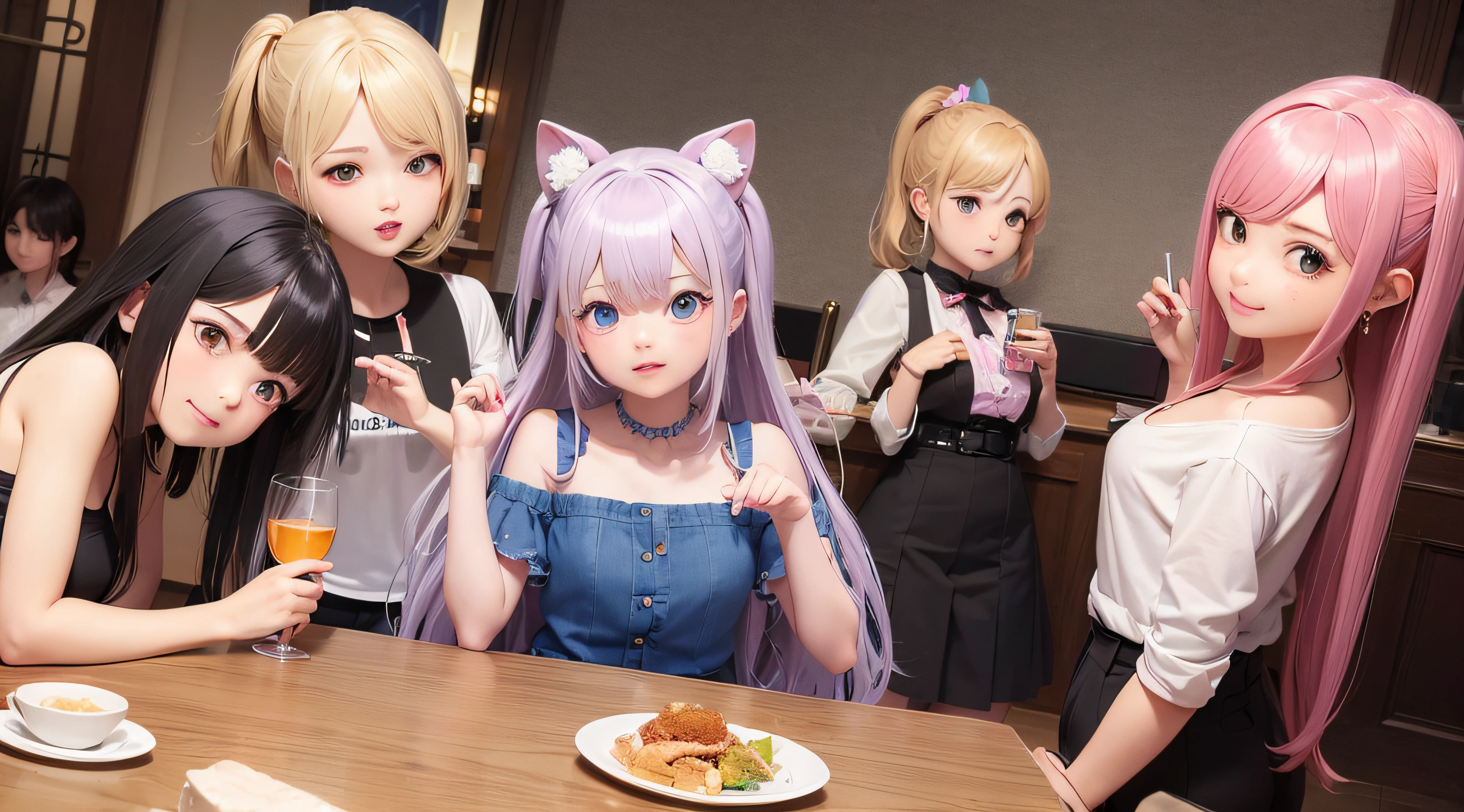 (obra prima) (perfection) (ultrarrealista) (sem defeitos) menina de anime, bebendo, copo de bebida em cima da mesa, festa, noite
