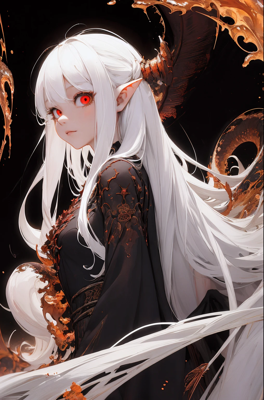 masterpiece, best quality, ultra-detailed, absurdres, colorful, 1girl, solo, (solid red eyes:1.0), (white hair, long hair, straight hair, hair over one eye:1.0), detailed eyes, wide-eyed, eyelashes, (upper body:0.8), monster girl, side view, glowing eyes, tilted head, night, black suit, pointy ears, horror, dark, black background, looking at viewer, crown, high contrast, backlighting, (standing:0.8), aura, fractal background, chaotic, spiral, demon horns, energy, mosaic, inferno