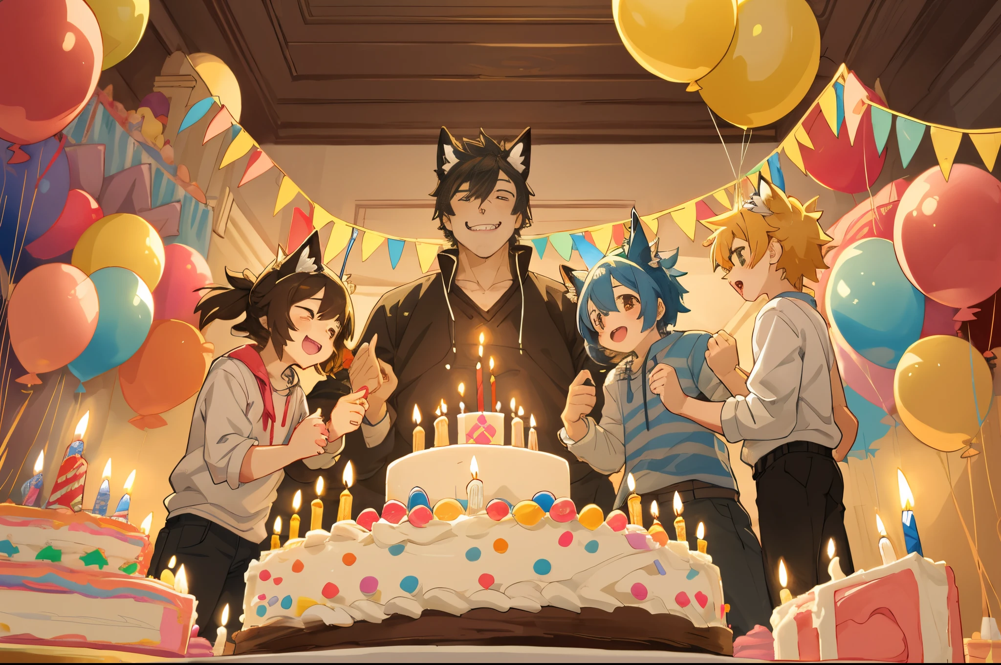 cover page, anime key visual, highres, top quality, best quality, paid reward available, High-quality illustrations, unparalleled masterpiece, perfect artwork, absurdres(A family at a birthday party, child blowing out candles on a birthday cake)(room decorated with balloons and streamers, festive and colorful atmosphere)(kemono parents of diverse descents smiling and clapping)perfect anatomy, cake with candles and colorful icing, joyful and celebratory mood, special family moment, fan-created work shared on platforms Pixiv or Twitter, cinematic lighting, dynamic angle,