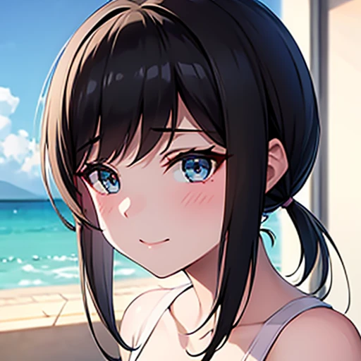 {{{{{nipples}}}}}, {{{{{white see-through swim wear}}}}},{{nsfw}}, {{{{{pool}}}}}, {{{{{from front}}}},closed mouth, love live!, anime nose, anime eyes, {{{anime mouth}}},{{{{{upper body}}}}},{{{{{portrait}}}}}, {{{{{laughing}}}}}, {{{{{small breast}}}}},panty shot, (masterpiece, best quality:1.2),illustration,8k,hd,1girl,solo,black_hair,short_ponytail, sidelocks,low_ponytail,green_eyes,smile,black_eyes,