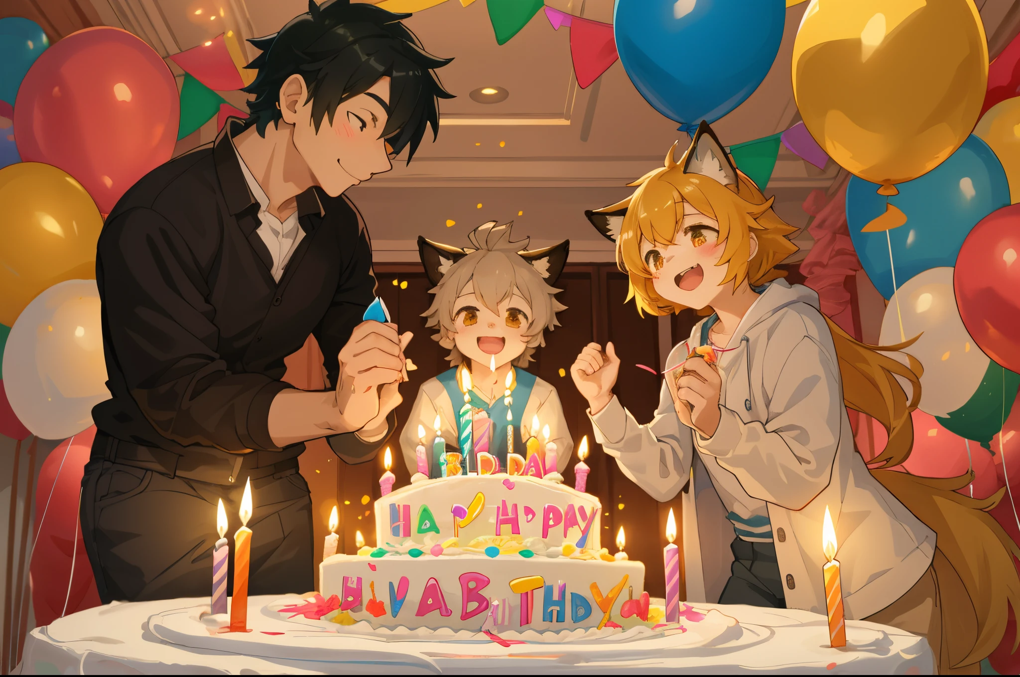 cover page, anime key visual, highres, top quality, best quality, paid reward available, High-quality illustrations, unparalleled masterpiece, perfect artwork, absurdres(A family at a birthday party, child blowing out candles on a birthday cake)(room decorated with balloons and streamers, festive and colorful atmosphere)(kemono parents of diverse descents smiling and clapping)perfect anatomy, cake with candles and colorful icing, joyful and celebratory mood, special family moment, fan-created work shared on platforms Pixiv or Twitter, cinematic lighting, dynamic angle,