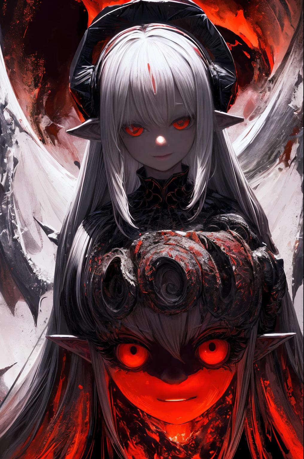 In the eerie depths of the virtual world, a nightmarish creature lurks - a timeless digital pet, frozen in perpetual horror. In the concept art, a haunting painting, its grotesque form is depicted with meticulous detail: twisted tendrils of wires replacing limbs, jagged metallic teeth protruding from a maw of endless darkness, and blood-red eyes glowing malevolently amidst a pixelated abyss. The image captivates with its macabre beauty, each stroke of the artist's brush painting a vivid tale of artificial terror.