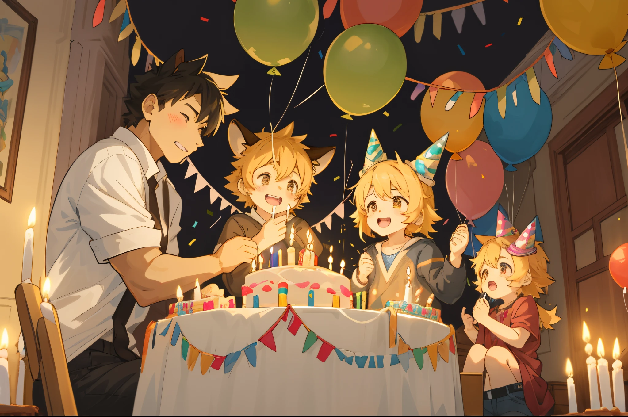 cover page, anime key visual, highres, top quality, best quality, paid reward available, High-quality illustrations, unparalleled masterpiece, perfect artwork, absurdres(A family at a birthday party, child blowing out candles on a birthday cake)(room decorated with balloons and streamers, festive and colorful atmosphere)(kemono parents of diverse descents smiling and clapping)perfect anatomy, cake with candles and colorful icing, joyful and celebratory mood, special family moment, fan-created work shared on platforms Pixiv or Twitter, cinematic lighting, dynamic angle,