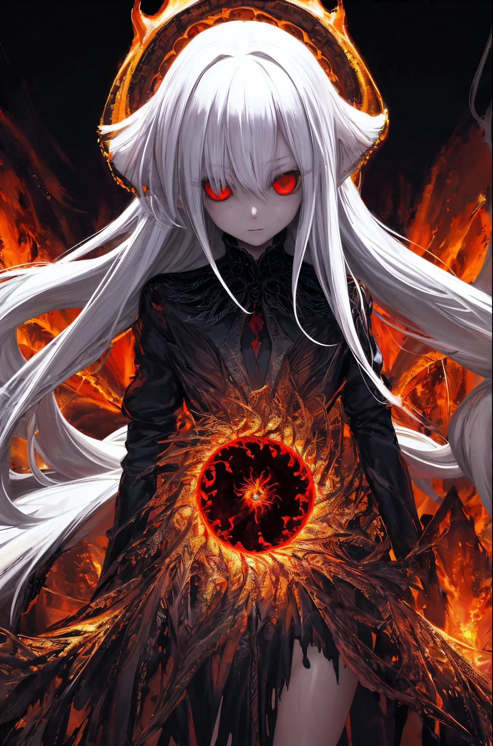 masterpiece, best quality, ultra-detailed, absurdres, colorful, 1girl, solo, (solid red eyes:1.0), (white hair, long hair, straight hair, hair over one eye:1.0), detailed eyes, wide-eyed, eyelashes, (upper body:0.8), monster girl, side view, glowing eyes, tilted head, night, black suit, pointy ears, horror, dark, black background, looking at viewer, crown, high contrast, backlighting, (standing:0.8), aura, fractal background, chaotic, spiral, demon horns, energy, mosaic, inferno