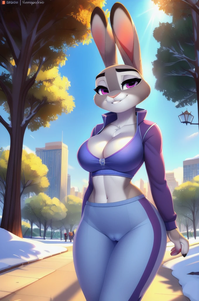 Subido el E621, por Smileeeeeee, por Whisperfoot, por Kammi-lu, por Tsampikos, Solo Anthro, ((retrato)), Judy Hopps, Rascacielos de la gran ciudad, Central Park con nieve, Beautiful day, Sunny noon, Portrait Of Stunningly Beautiful Furry Bunny Girl, Suave delicado hermoso rostro atractivo con atractivos ojos morados, Cejas voluminosas, thick eyelashes, (smug face:1.1), Hocico de conejito, Mirada sexy al espectador, (Ojos medio cerrados), Mirando al espectador, Piel corporal gruesa en capas gris, Orejas largas de conejo con cola, QUEBRAR, Medium-sized breasts, (De pie sobre la nieve), ((cleavage overflow)), (exponiendo sus pechos), ((Cuerpo frente al espectador)), ((Vista desde el frente)), ((Mirando al espectador)), (Cameltoe visible), QUEBRAR, Situado en un parque, Beautiful park with trees, Antecedentes del parque de la ciudad, (highest qualityr, Detalles asombrosos:1.4), El sombreado, Trazado de rayos, Color Grading, 3D animation, Paisajes pintorescos, QUEBRAR, pechos peludos, ((cuerpo perfecto)), cintura corta, ((SFW)), ((Use sudadera con capucha blanca), ((Wear white sweatpants)), (Cameltoe), (Tight clothing), QUEBRAR, (Amanecer en el fondo), (Sunbeams through the leaves of the trees), (la luz del sol golpeando a Judy Hopps), (warm lighting), Cold weather, (cold snow environment), ((Nevando)), (Brazos cruzados:1.4)