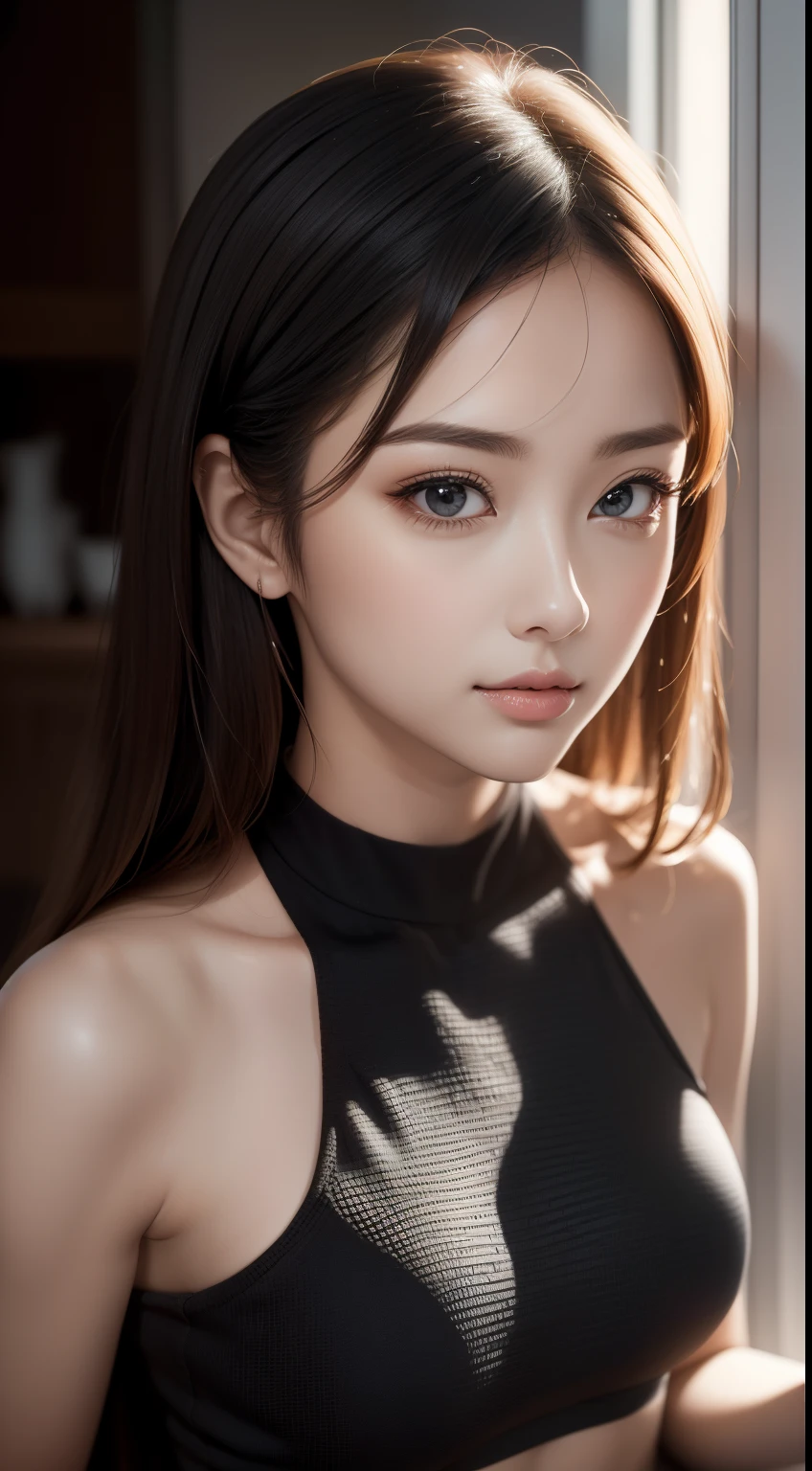 (masutepiece:1.2), (Best Quality), (Full body like:1.3) ,(ultra-detailliert), (8K, Convoluted), (Lens 135mm,F1.8), (Photorealistic)(Black background:1.3), a portrait photo of,(cropped shoulders，Warm-up activity 1.2，)，(dynamicposes)，Side lighting,Edges are lit,Best Shadow,Area Light Source,Perfect Anatomy,Perfect face shape,Ideal for women,First-class female body,Refine skin texture,Fine cloth pattern,Particular beauty,delicate and delicate skin，highlydetailed skin，paleskin，Delicate hair，glistning skin，