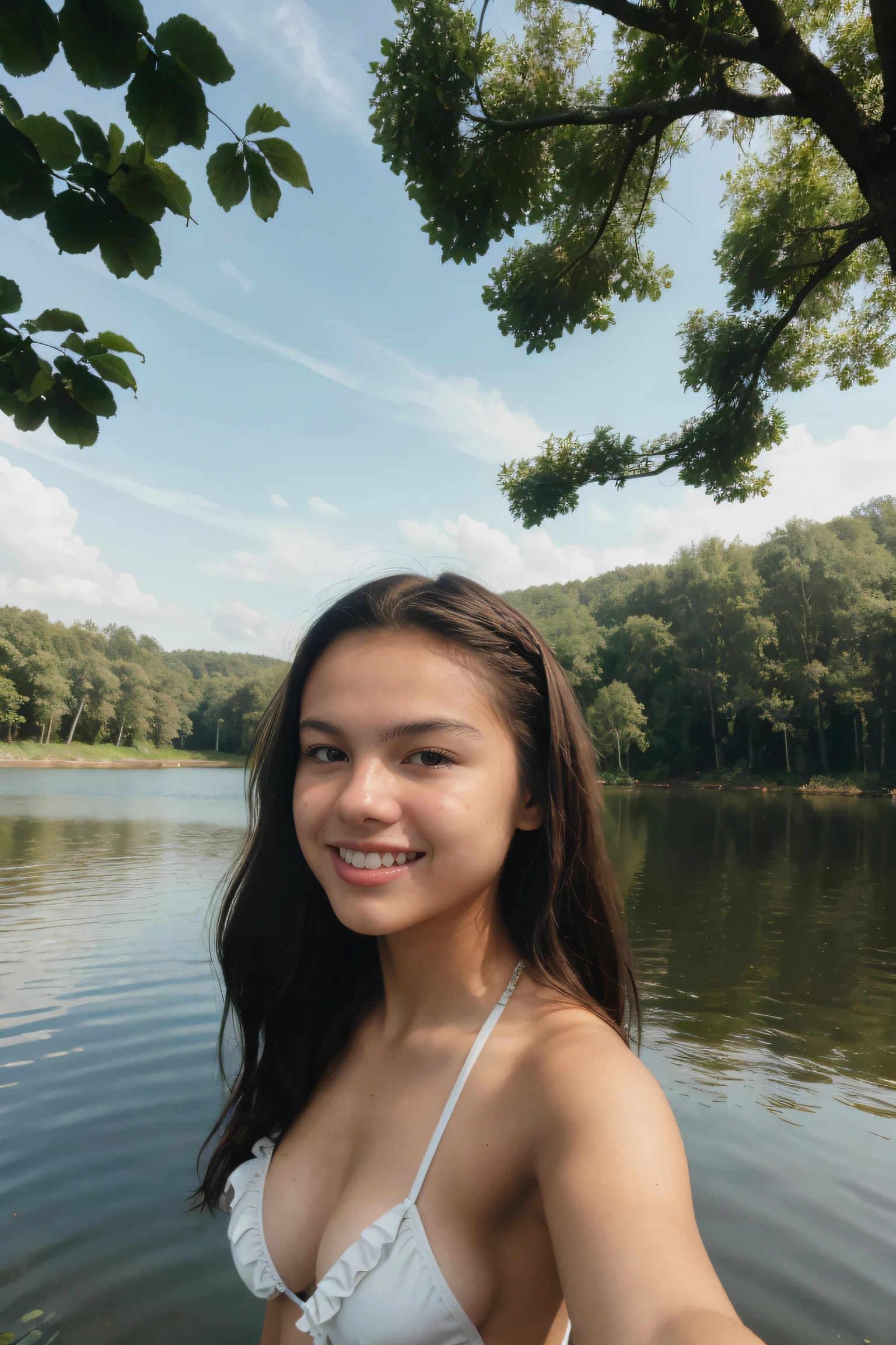 Polaroid style, snapshot, ((selfie)) of yo Olivia Rodrigo with (acne) and ruffled hair dressed in bikini with, standing on the shore of pond in Europe with forest in background on summer day, smile:1.4, daylight, sunlight coming from front-right, noon, extremely detailed skin, skin acne, extremely detailed eyes and hair, film grain,