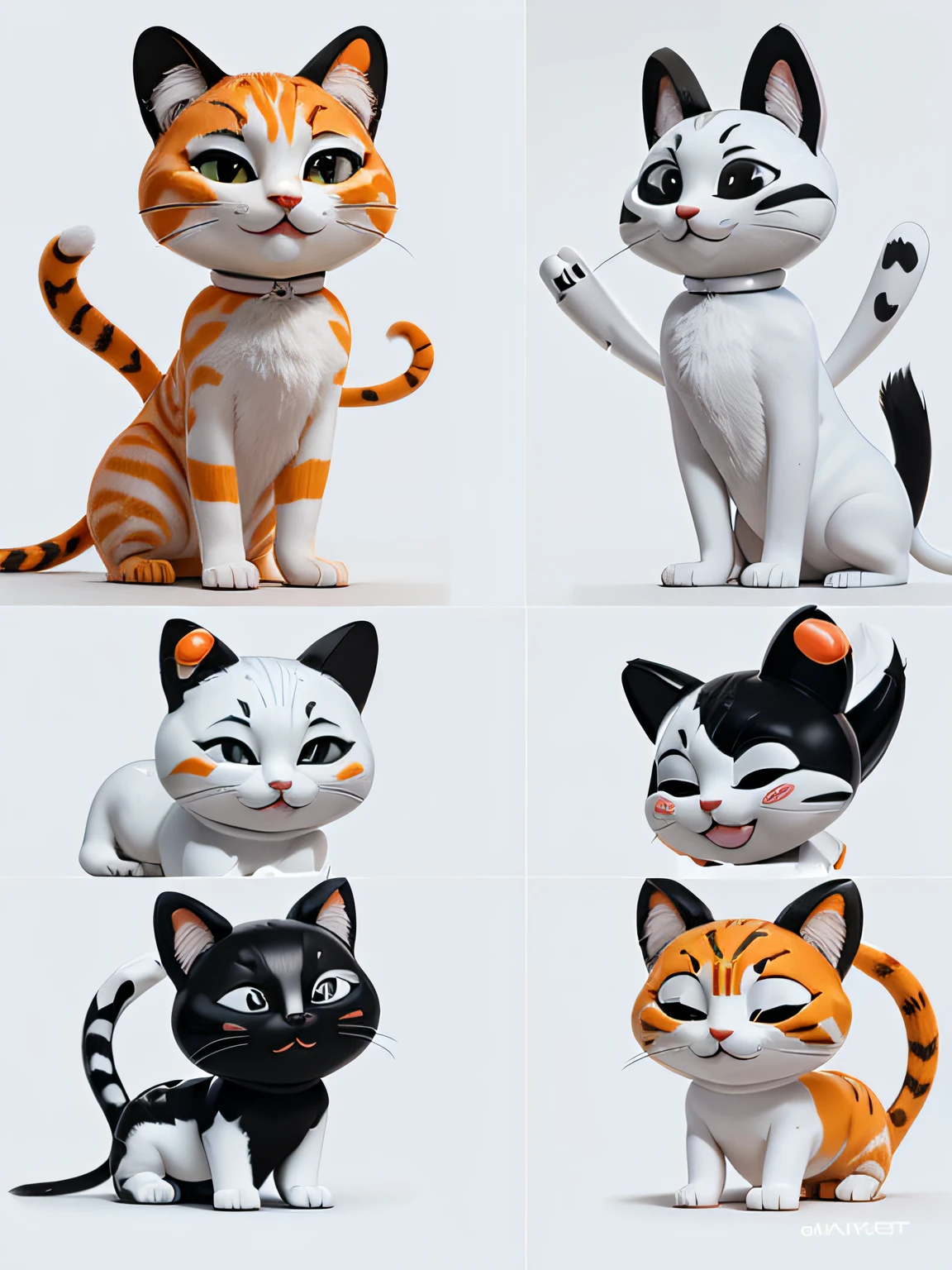 A white and orange cat，emoj，Anthropomorphic style，Disney  style，black and white strokes，Different emotions，Multiple poses and expressions。style cute