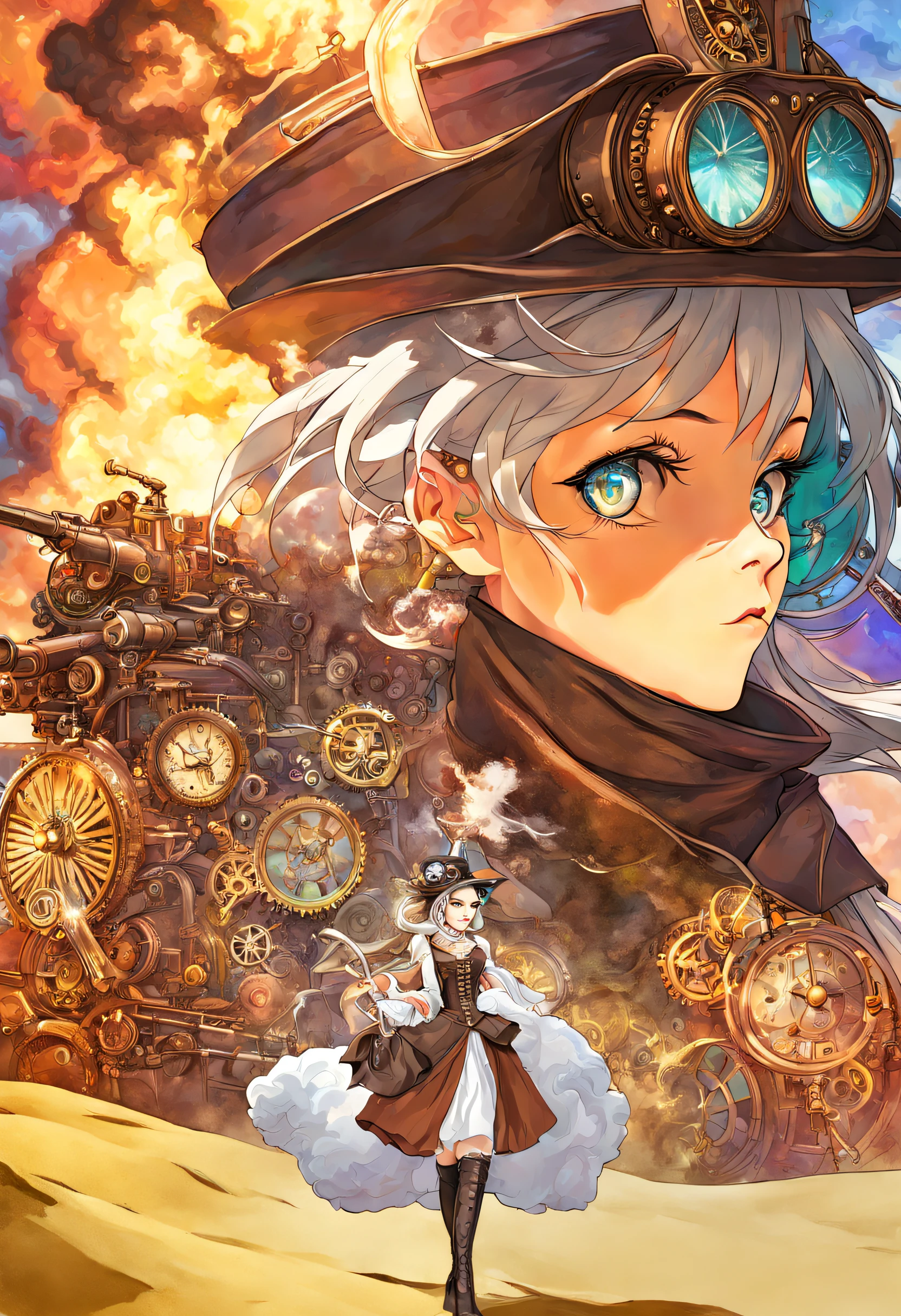 A gorgeous steampunk and psychedelic women portrait with beautiful colors and in the background explosions of sand of full colors mixed