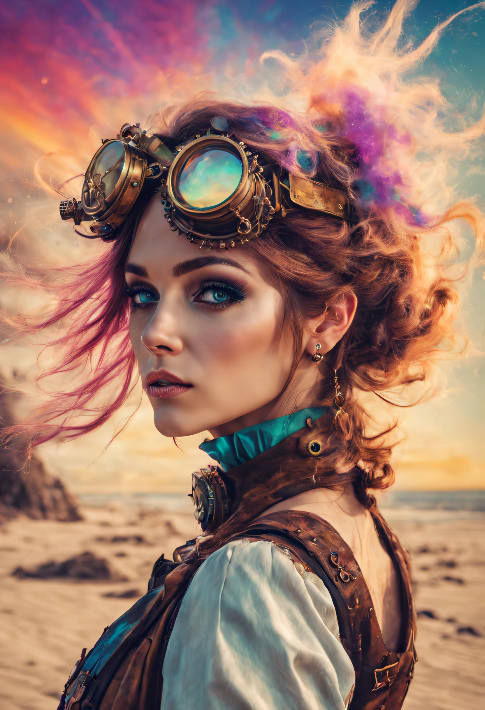 A gorgeous steampunk and psychedelic women portrait with beautiful colors and in the background explosions of sand of full colors mixed