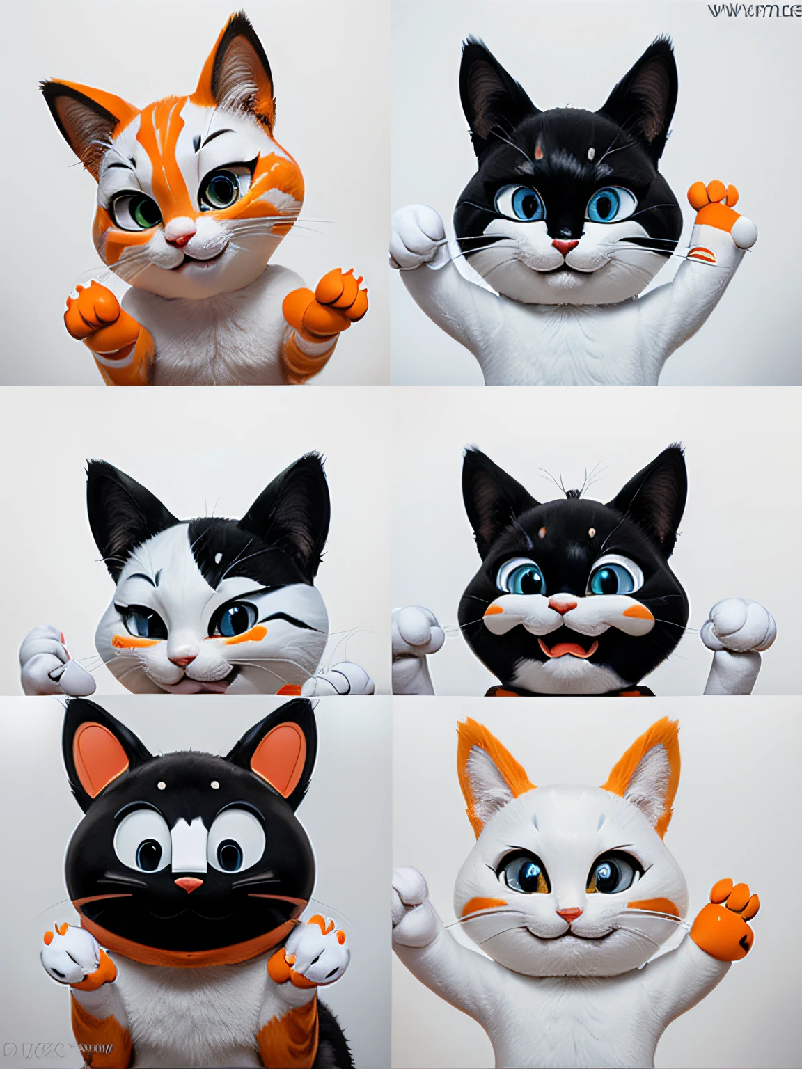 A white and orange cat,emoj,Anthropomorphic style,Disney style,black and white strokes,Different emotions,Multiple poses and expressions。style cute