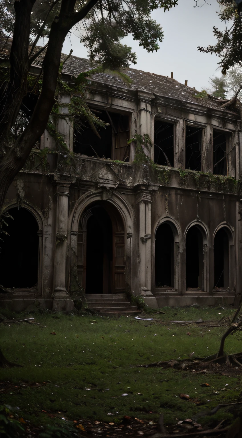 Em uma floresta densa e sombria, In the pale light of the moon, uma figura sinistra emerge das trevas. The atmosphere is full of suspense, with gnarled trees and mysterious mist. No centro da cena, an old abandoned mansion stands out, its broken windows revealing only darkness.