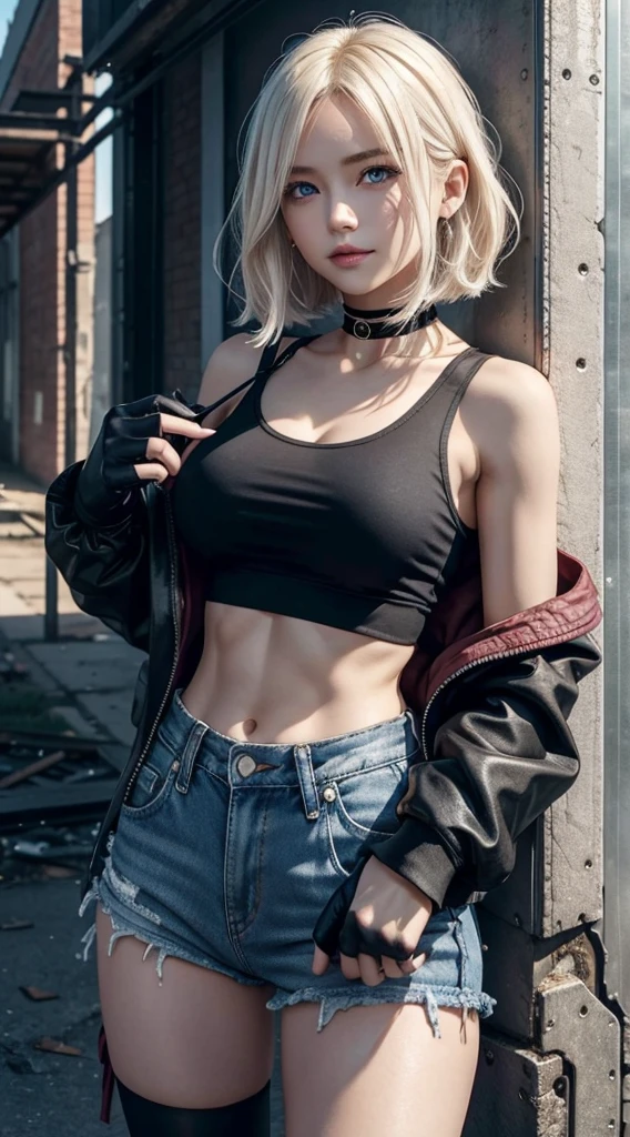 A 23-year-old white woman with unparalleled beauty.、the skin is very white、blue eyess、platinum-blonde、hair is wavy、bob cuts、The ends of the hair are curled upwards、I'm in front of a wall with lots of posters pasted on them or signs of peeling them off.、a smile、View from the front、wearing black tanktop、wearing a black choker、I'm wearing hot pants made of jeans fabric with tight distressing.、The navel is out、My abs are cracked、Slender yet well-proportioned body with big breasts、sunlight is shining from above、Photorealistic images、8K picture quality、I'm punching my chest、I don't want my head to disappear from the screen.、The color of the jacket is random、I'm wearing a scrunchie on my wrist、I'm wearing stockings、He wears a black opera glove on his right hand.、I'm wrapping my jacket around my waist