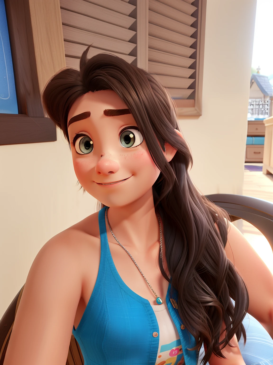 A 15 year old girl, looking forward, thin nose, disney pixar style, high quality, best quality