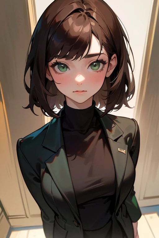 (best quality,4k,8k,highres,masterpiece:1.2),ultra-detailed,photorealistic:1.37,portrait,a young 18-year-old woman with dark brown hair and green eyes, wearing a burgundy turtleneck under a black blazer, and a short black skirt.